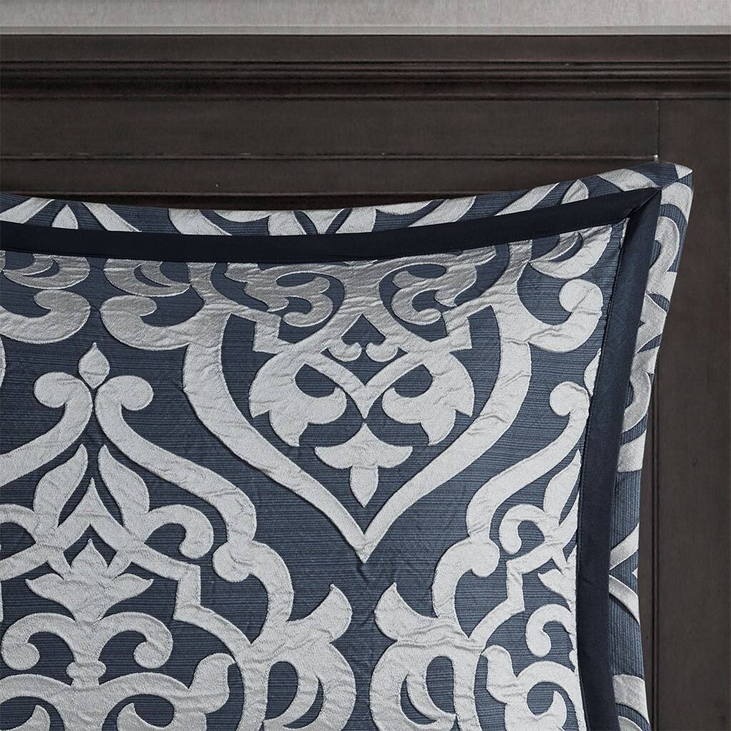 Left. TinyHomie - 8 Piece Jacquard Comforter Set Navy/Silver Queen - Navy and Silver.