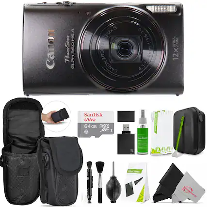 Canon PowerShot ELPH 360 HS A
12x Optical Zoom
1:3.6-7.0 4.5-52mm
SanDisk Ultra 64 GB MicroSD
Lens Cleaner
Tissue Paper
Electronics