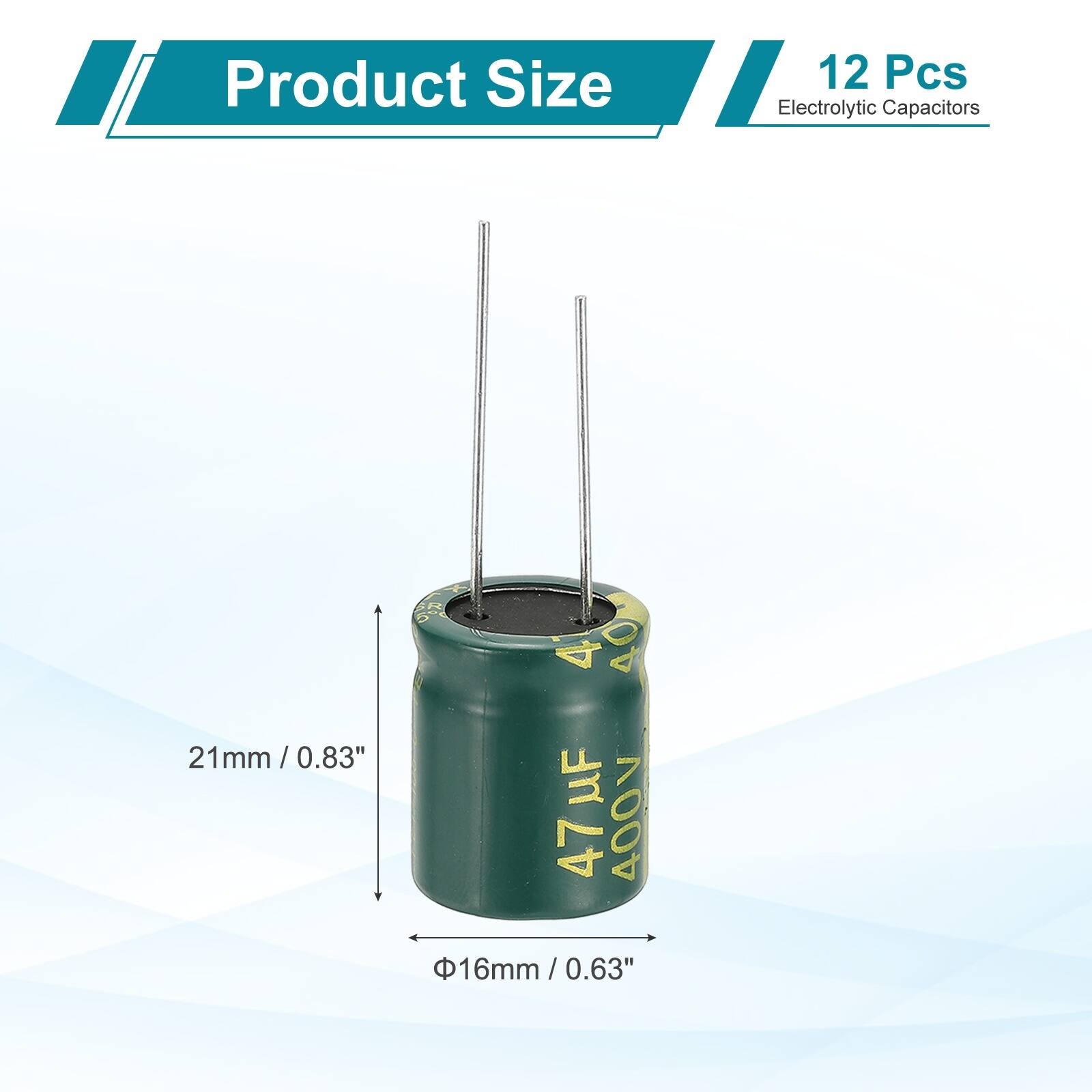 Product Size: 12 Pcs Electrolytic Capacitors  
6 x 40 21mm / 0.83" / 47 µF 400V  
16mm / 0.63"