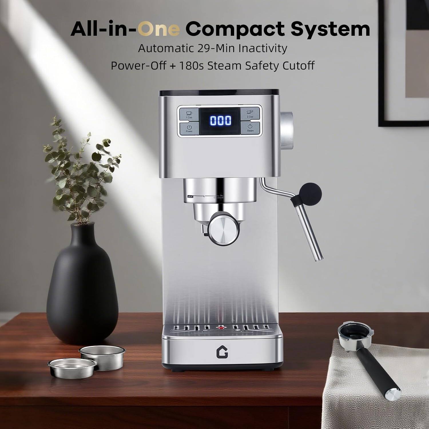 All-in-One Compact System  
Automatic 29-Min Inactivity Power-Off + 180s Steam Safety Cutoff