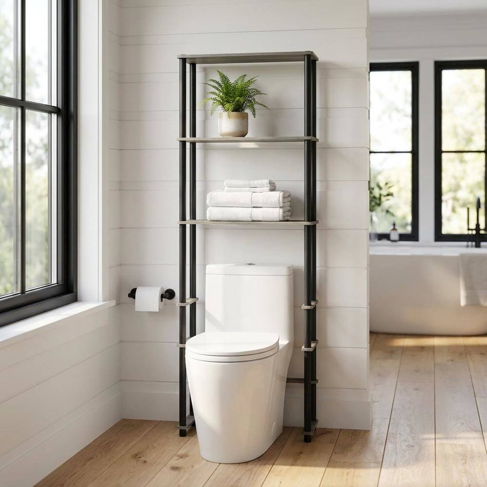 Angle. FurniFact - Toilet Space Saver with 3 Shelves in Grey and Black for Bathroom Organization - French Oak Grey/Black.