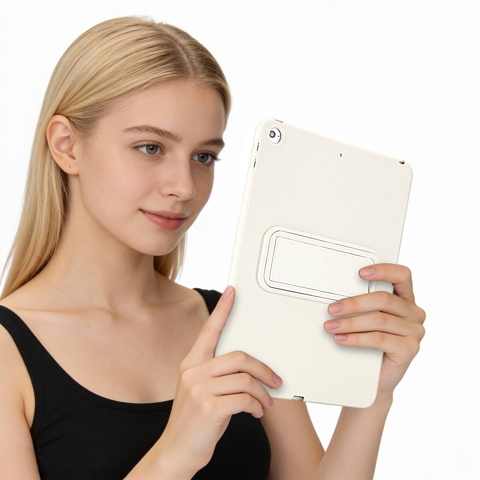 Left. Dteck - Shockproof Case for Apple iPad (6th Generation) 9.7" 2018, Slim Leather Texture Protective Cover with Folding Kickstand - White.