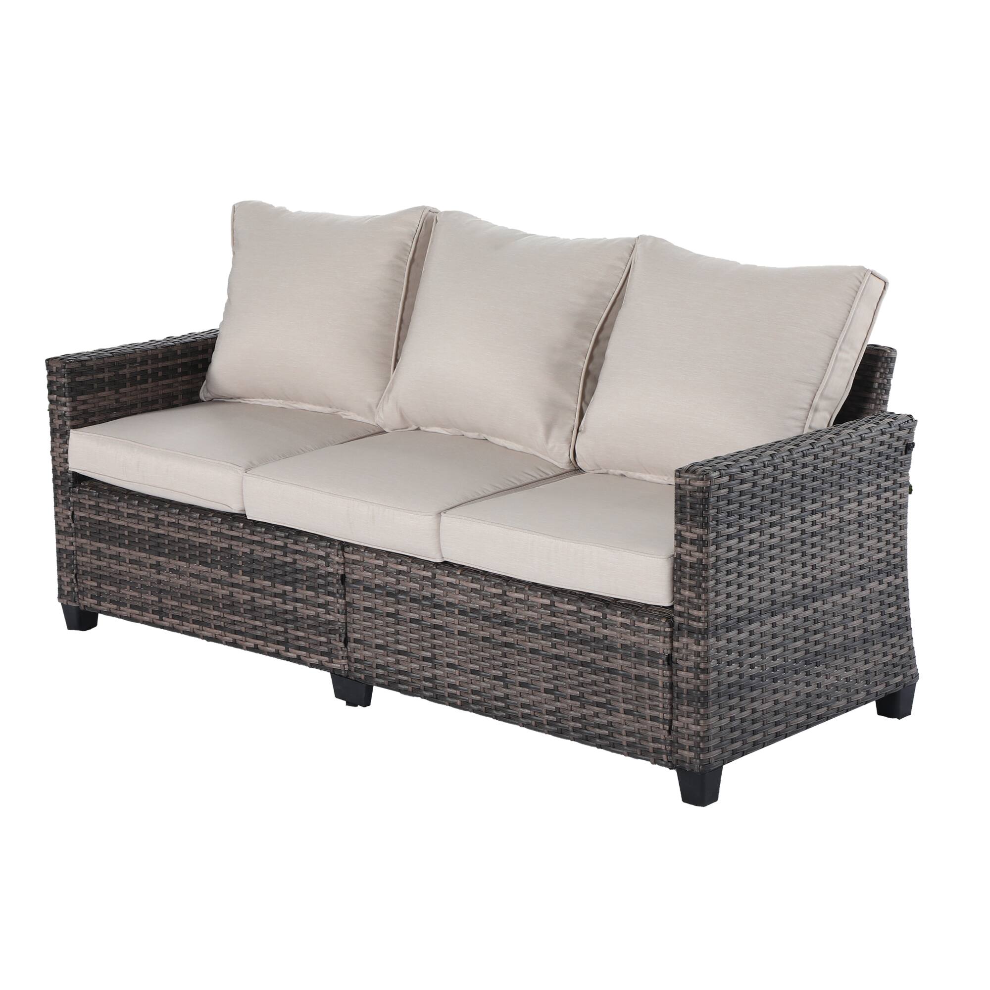 Front. Decksplore - All-weather three-seater wicker patio sofa, premium outdoor furniture featuring brown wickerwork and thickened cushions - Off-white.