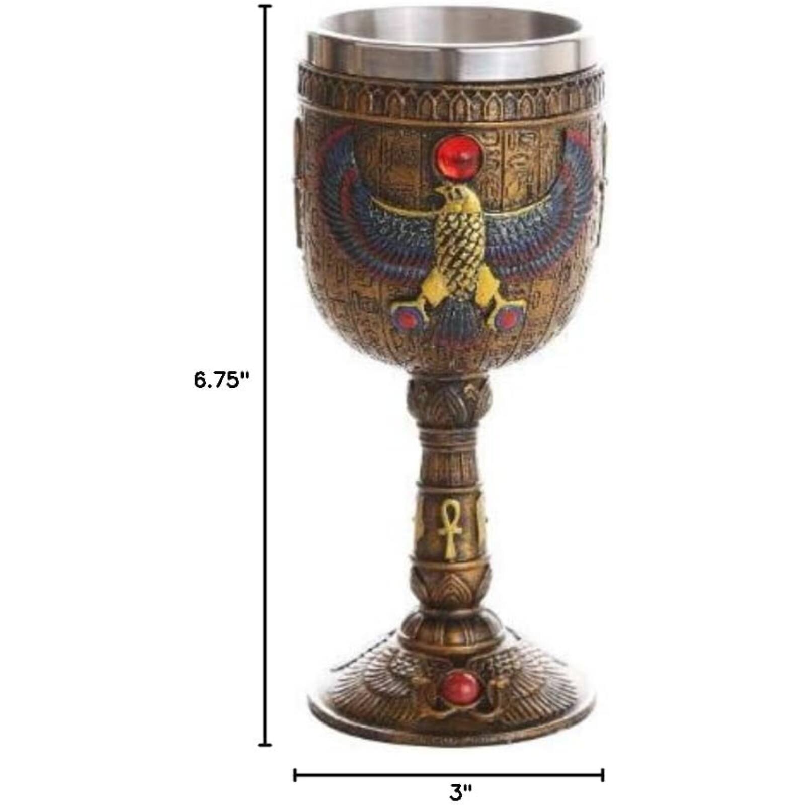 Angle. Pacific Trading - Ancient Egyptian Winged Horus Falcon Ceremonial Wine Goblet Chalice Cup Resin Body Stainless Steel Cup 7 ounce - Gold.