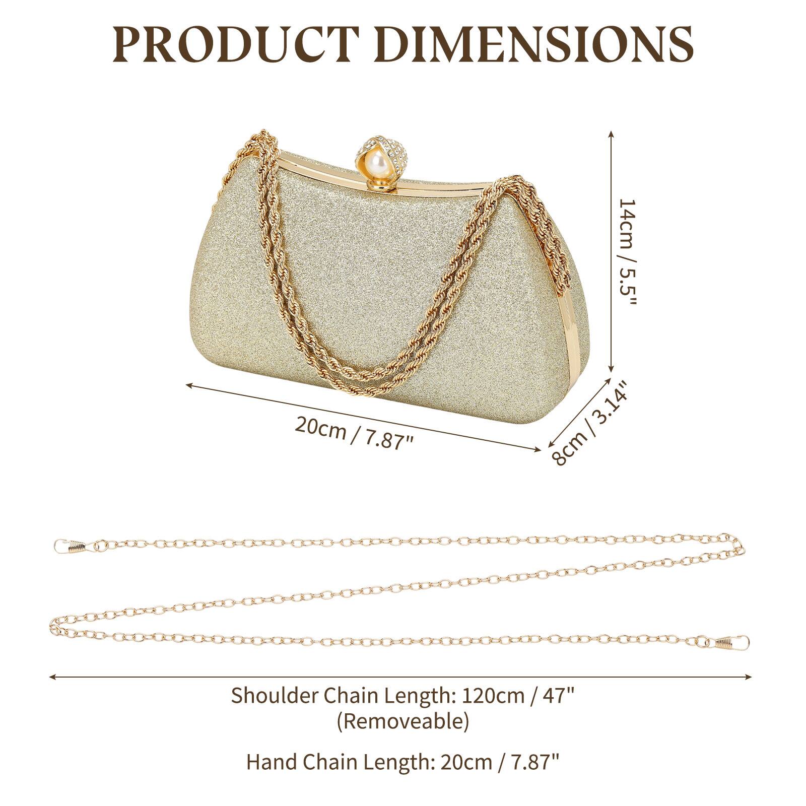 PRODUCT DIMENSIONS

- Height: 14cm / 5.5"
- Width: 20cm / 7.87"
- Depth: 8cm / 3.14"

Shoulder Chain Length: 120cm / 47" (Removable)

Hand Chain Length: 20cm / 7.87"
