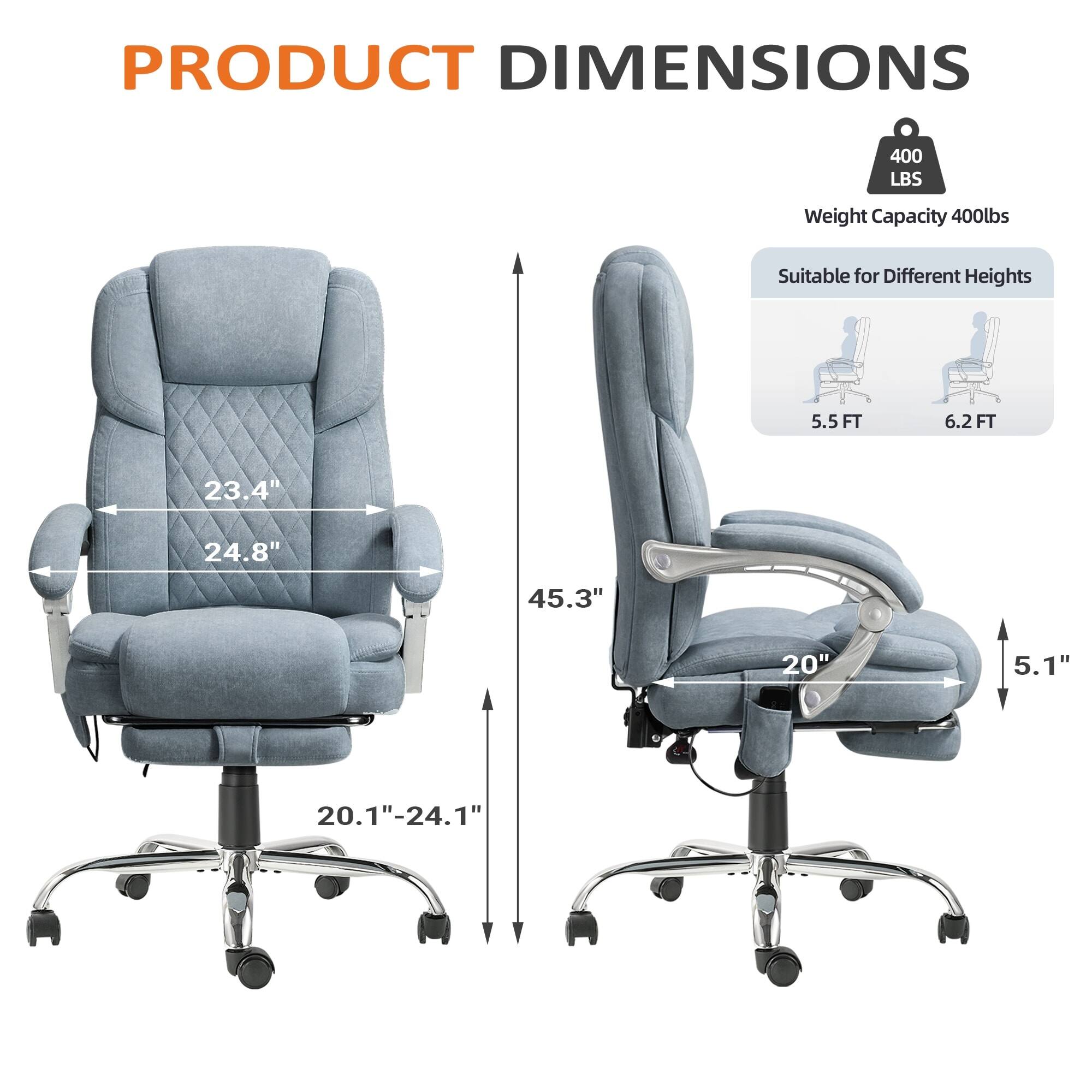 PRODUCT DIMENSIONS

- Weight Capacity: 400 lbs
- Suitable for Different Heights: 5.5 FT, 6.2 FT

Dimensions:
- Width: 23.4"
- Depth: 24.8"
- Height: 45.3"
- Seat Height: 20"
- Armrest Height: 5.1"
- Seat Depth: 20.1" - 24.1"