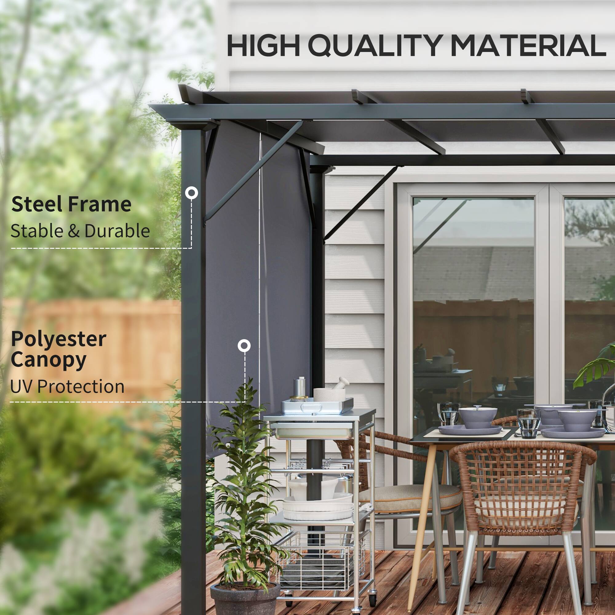 HIGH QUALITY MATERIAL
Steel Frame Stable & Durable
Polyester Canopy UV Protection