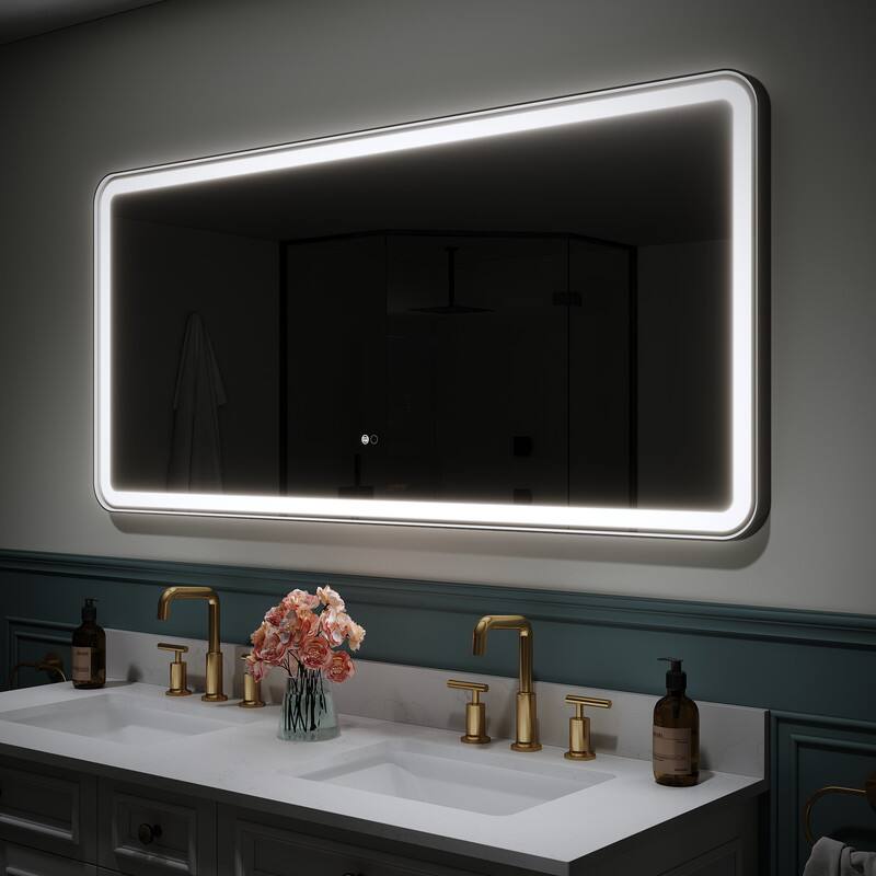 Left. WELLFOR - 60 in. W x 28 in. H Anti-Fog LED Bathroom Mirror, Wall Bathroom Vanity Mirror with Framed Round Corner - Matte Black.