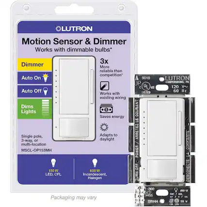 LUTRON Motion Sensor & Dimmer
Works with dimmable bulbs*
3x More reliable than competition
Auto On
Auto Off
Works with existing wiring
Dims Lights
Saves energy
Adapts to Single pole, 3-way, or multi-location
MSCL-OP153MH
150 W
600W LED, CFL, Incandescent, Halogen
Packaging may vary
LUTRON
COOPERSBURG, PA
120 V~ 60 Hz
LISTED
9D10
UP
C
UL
US
ARRETEZ CORRIENTE
POWER LA OFF TURN DESCONECTE
1-800 600-523-9466
T2Y44
150 W LED, CFL
600W Incandescent, Halogen