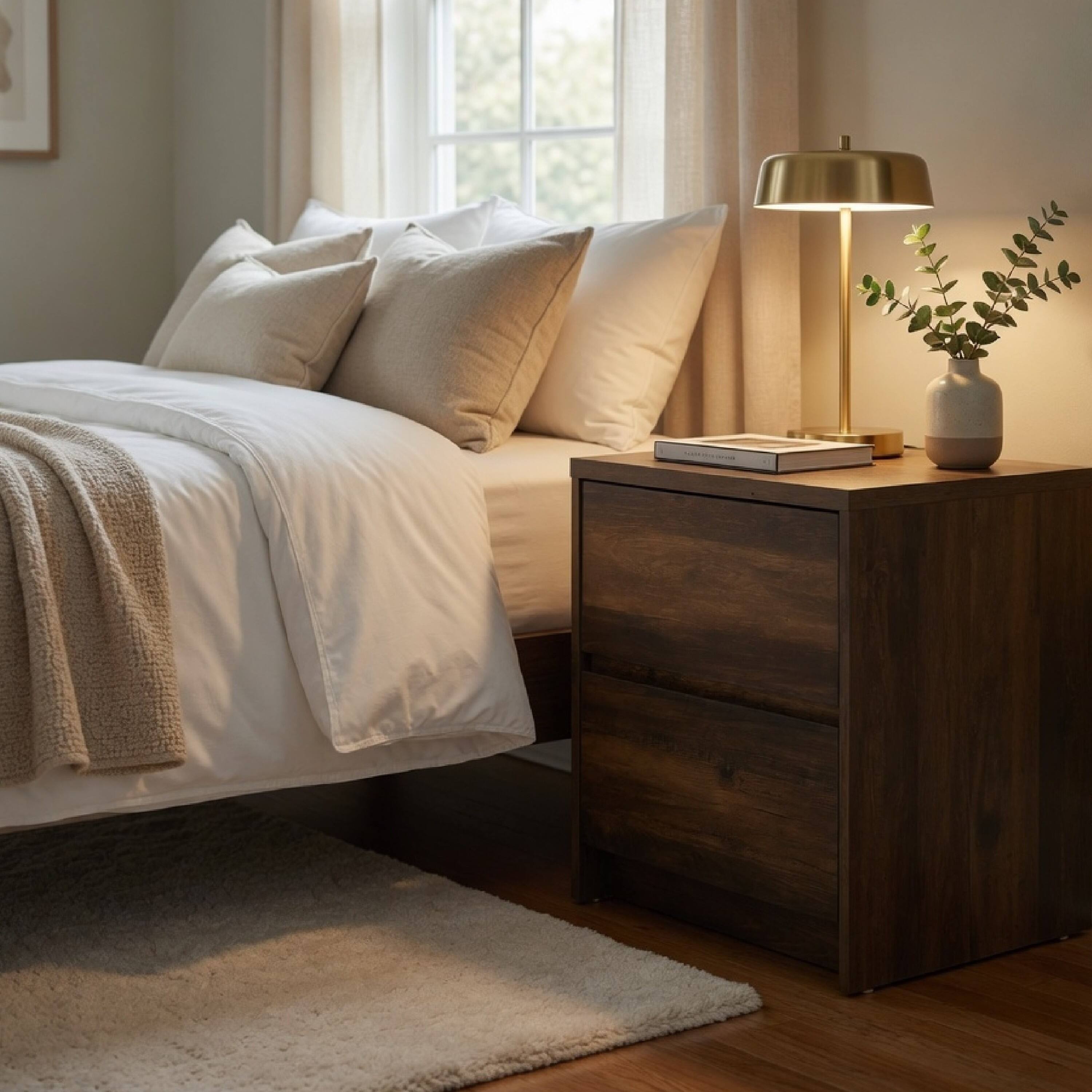 Alt View 7. Manhattan Lane - Park Nightstand, 2 Drawers, LED Light & USB Ports, Dark Pine Wood - Dark Pine Brown.