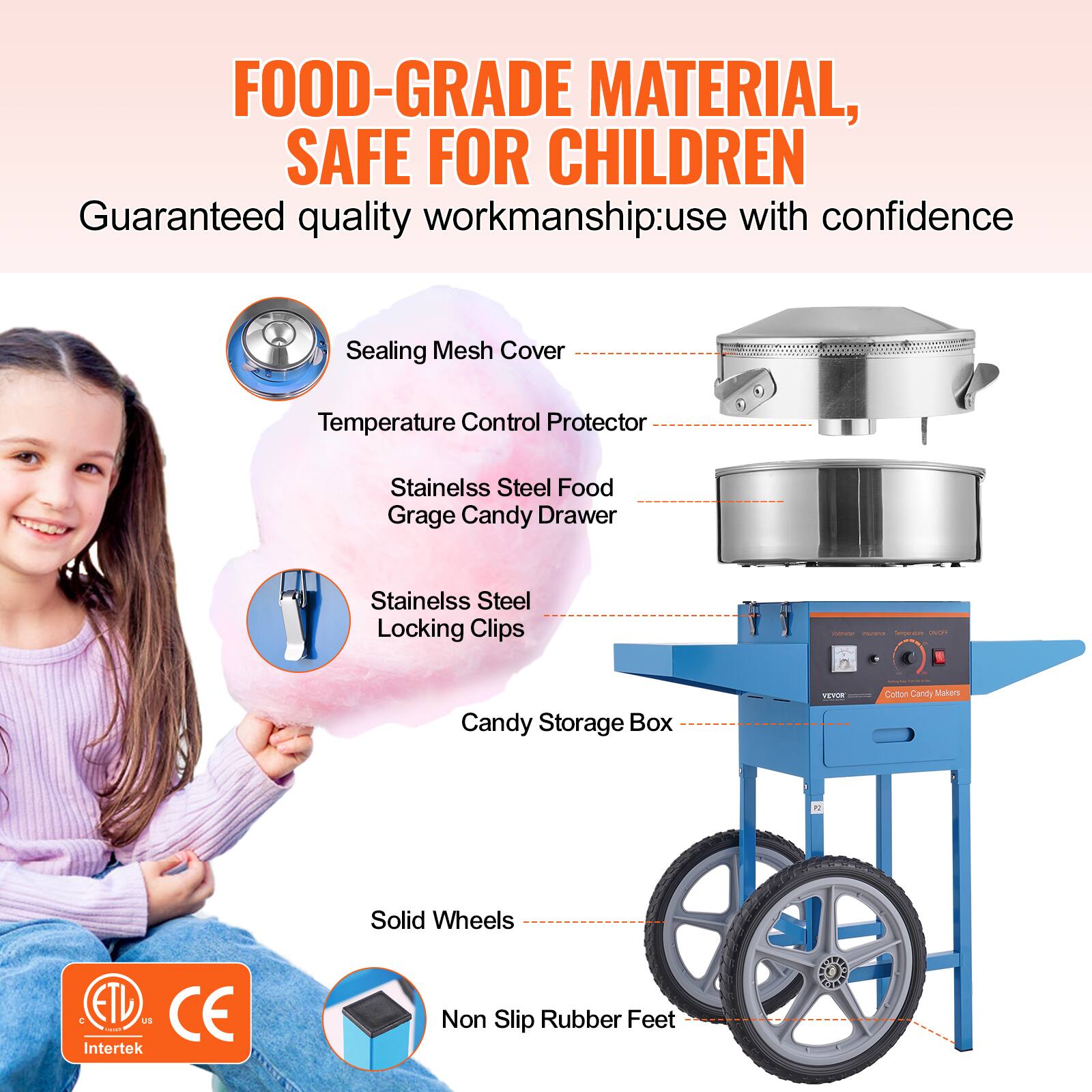FOOD-GRADE MATERIAL, SAFE FOR CHILDREN

Guaranteed quality workmanship: use with confidence

- Sealing Mesh Cover
- Temperature Control Protector
- Stainless Steel Food Grade Candy Drawer
- Stainless Steel Locking Clips
- Candy Storage Box
- Solid Wheels
- Non Slip Rubber Feet

ETL, CE, Intertek