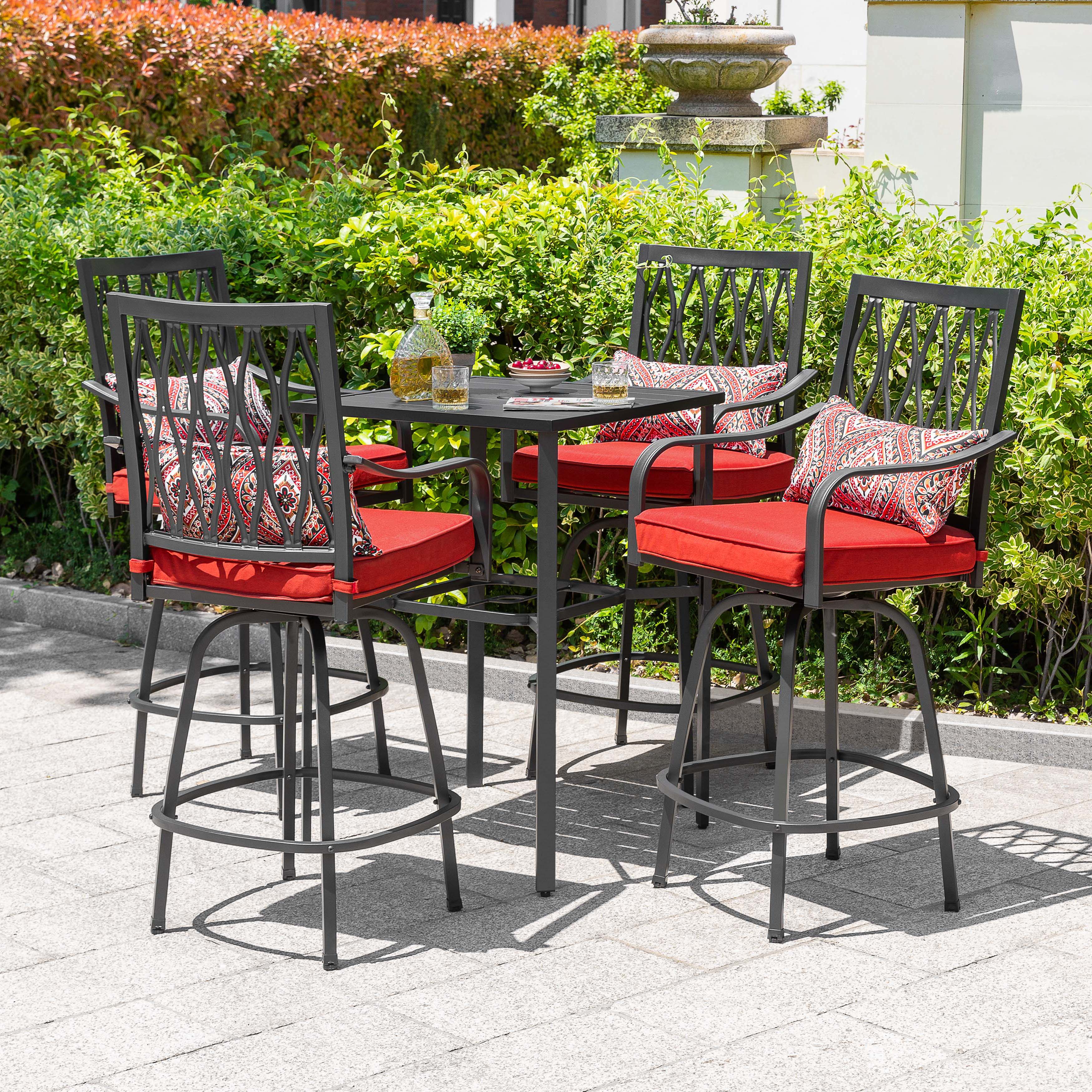 Alt View 6. Nuu Garden - Outdoor 5PCS Metal Swivel Bar Set with Umbrella Hole and Padded Cushions - Black and Red.