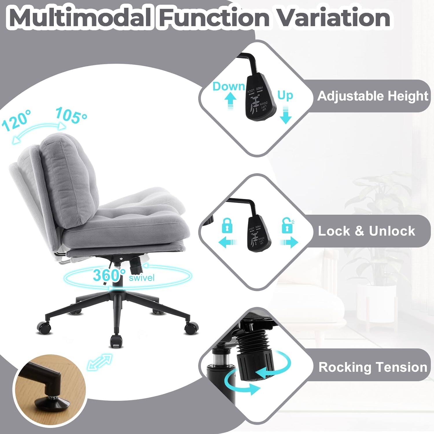 Multimodal Function Variation

- 120°
- 105°
- Down
- Up
- Adjustable Height
- 360° swivel
- Lock & Unlock
- Rocking Tension