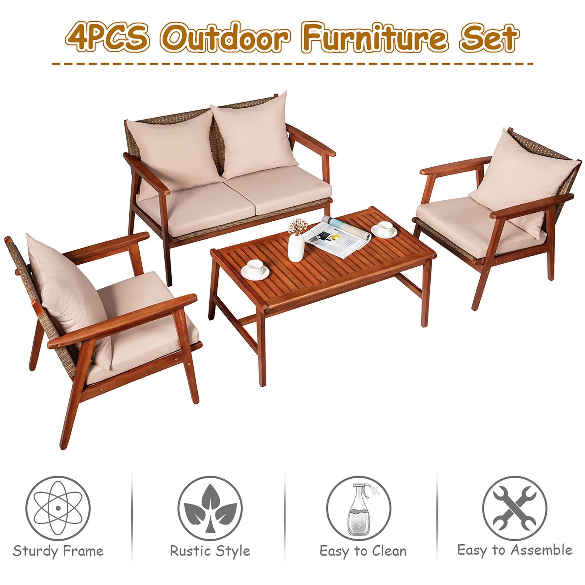4PCS Outdoor Furniture Set
Sturdy Frame
Rustic Style
Easy to Clean
Easy to Assemble