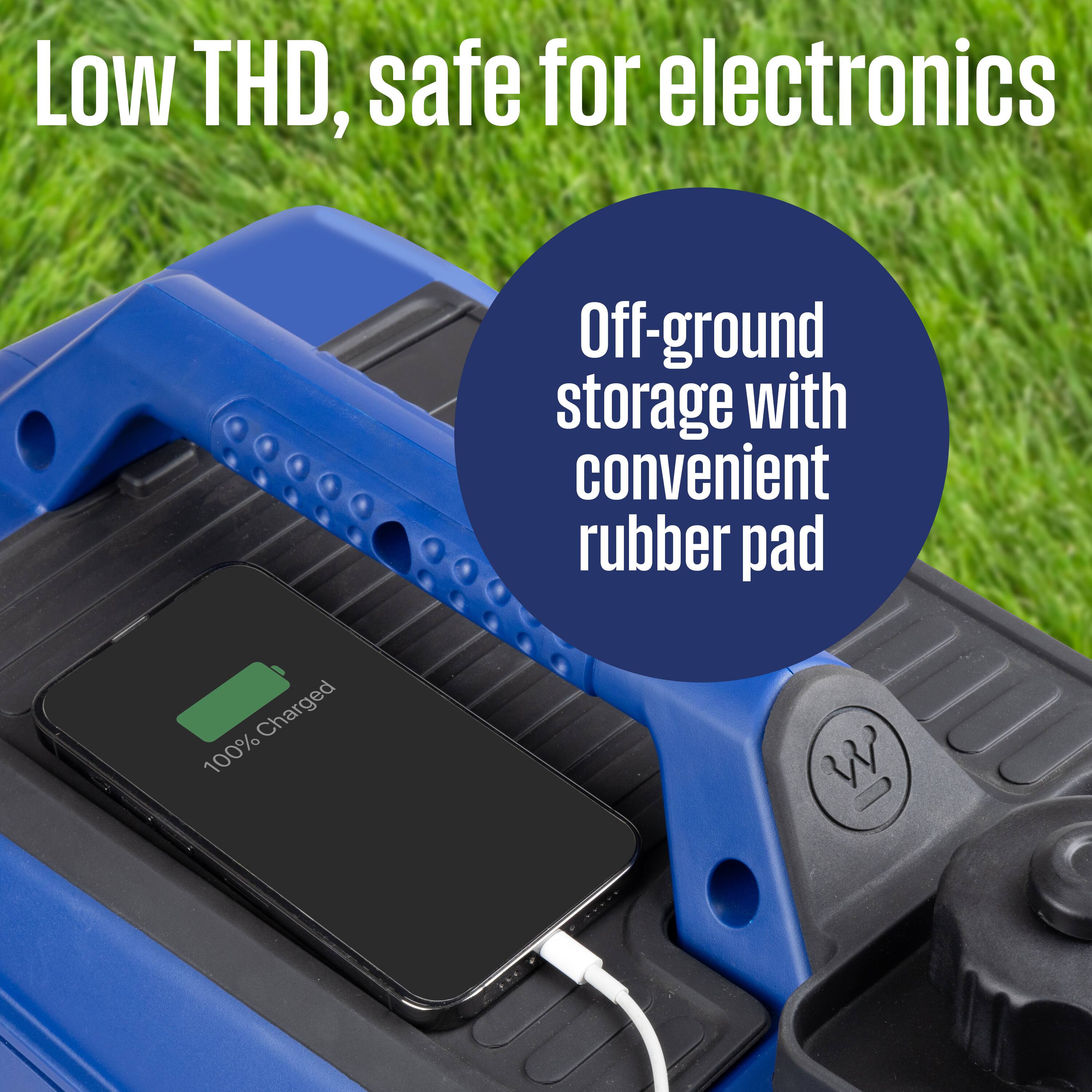 Low THD, safe for electronics  
Off-ground storage with convenient rubber pad  
100% Charged