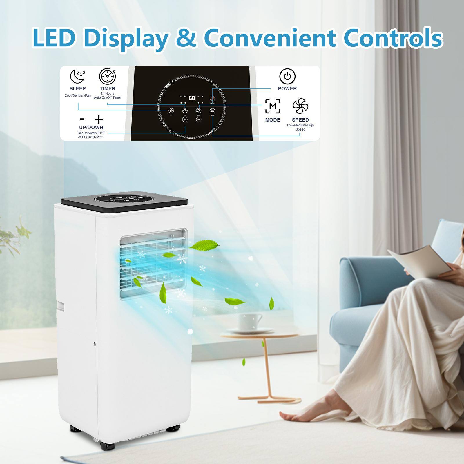 LED Display & Convenient Controls

- SLEEP TIMER
  - CoolDehum Auto On/Off Timer
  - Set Between 61°F - 86°F (16°C - 30°C)

- UP/DOWN
  - #1, #2, #3, #4, #5, #6, #7, #8, #9, #10

- POWER

- MODE

- SPEED
  - Low/Medium/High

- Auto On/Off Timer

- (80-31 de 1 Cud C 7 68 C - - .)
