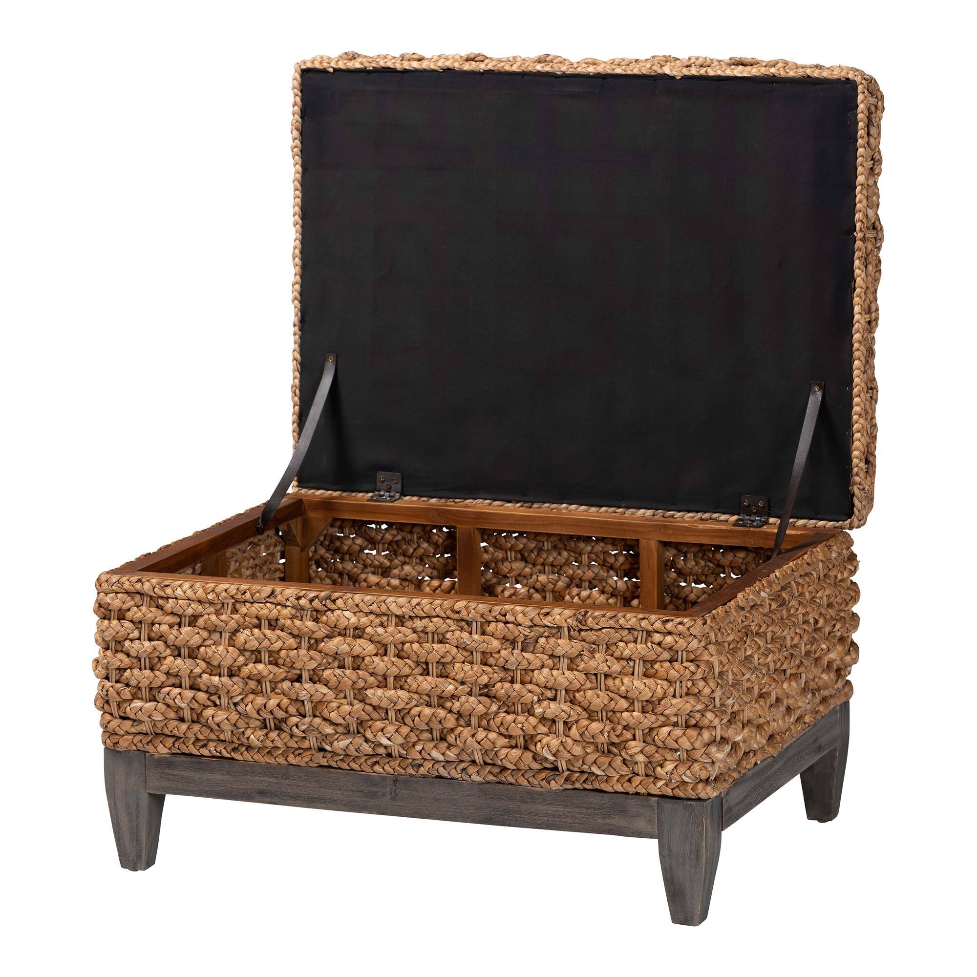 Angle. bali & pari - Bailey Handwoven Seagrass Storage Ottoman with Lift-Top Lid – Rustic Wicker Trunk - Natural Brown/Espresso Brown.