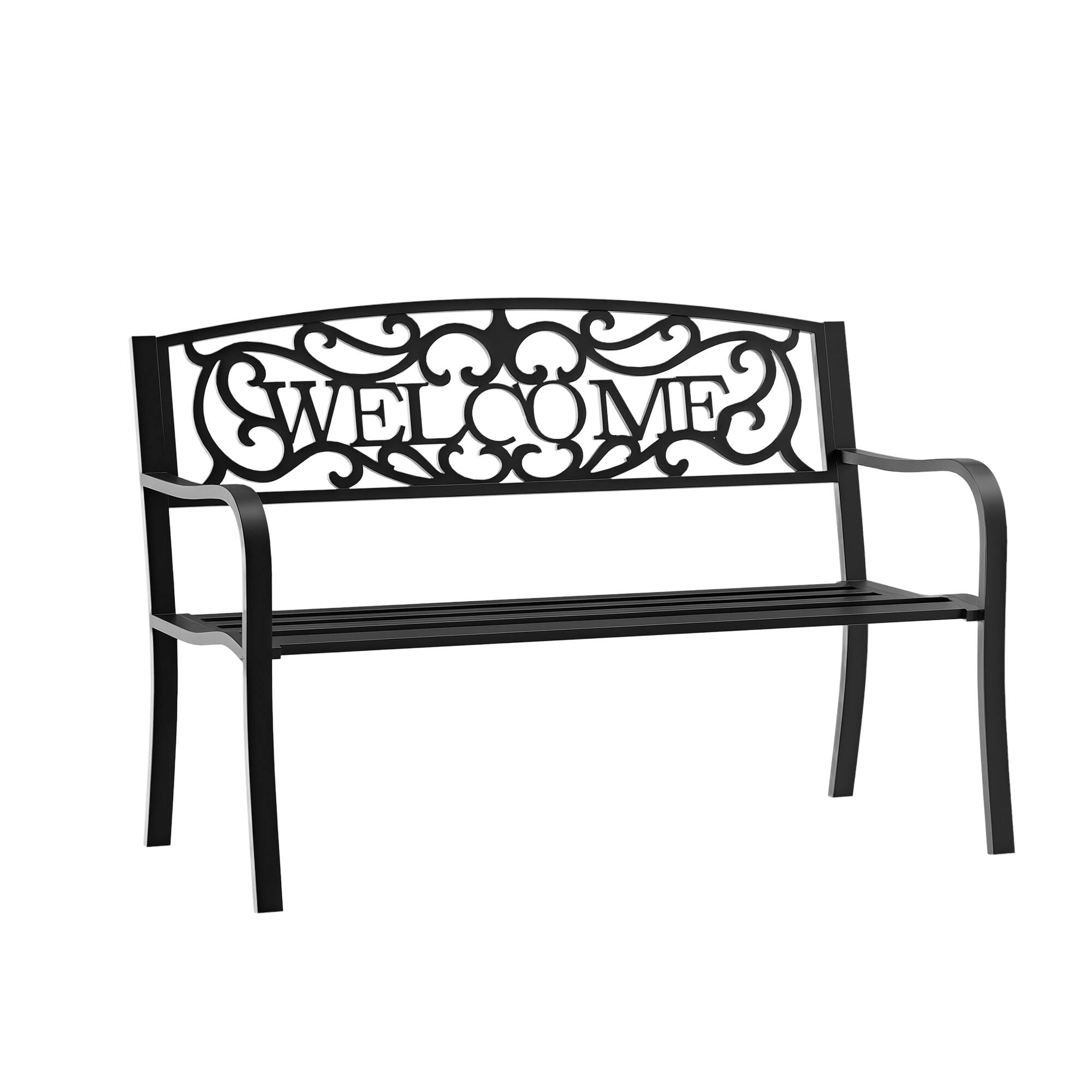 Outsunny - 50" Outdoor Bench, Metal Garden Bench with Welcome Pattern Backrest - Black