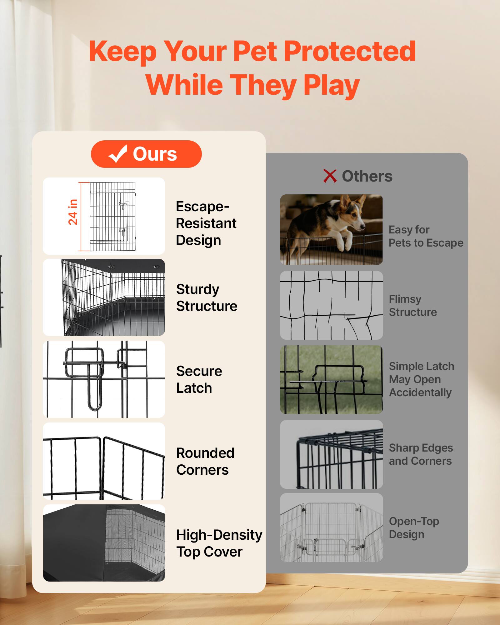 Keep Your Pet Protected While They Play

Ours:
- Escape-Resistant Design
- Sturdy Structure
- Secure Latch
- Rounded Corners
- High-Density Top Cover

Others:
- Easy for Pets to Escape
- Flimsy Structure
- Simple Latch May Open Accidentally
- Sharp Edges and Corners
- Open-Top Design