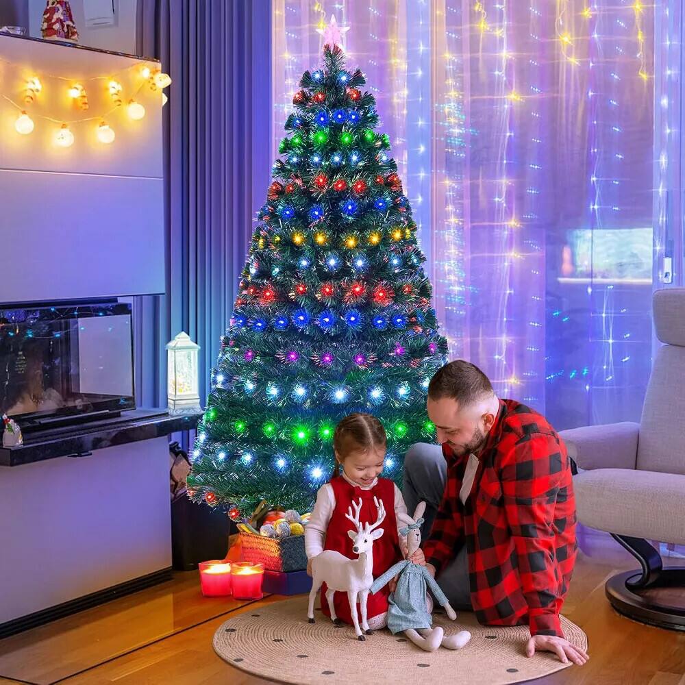 Alt View 8. HONGGE - Artificial Christmas Tree with Multicolor LED Lights and Fiber Optics - Green.