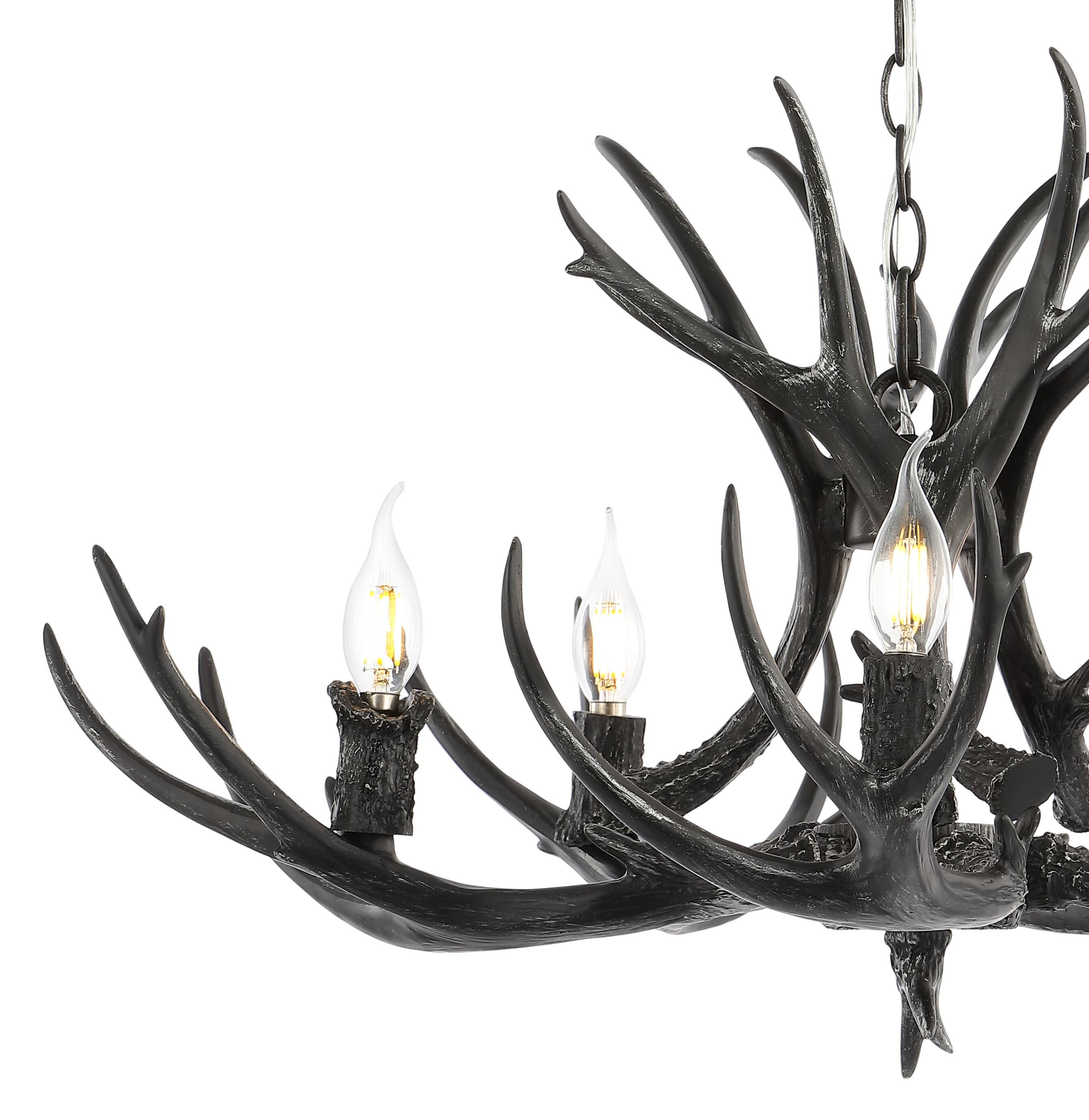 Alt View 4. Jonathan Y - Eldora 30" 5-Light Rustic Farmhouse Adjustable Resin Antler LED Chandelier, Black - Black.