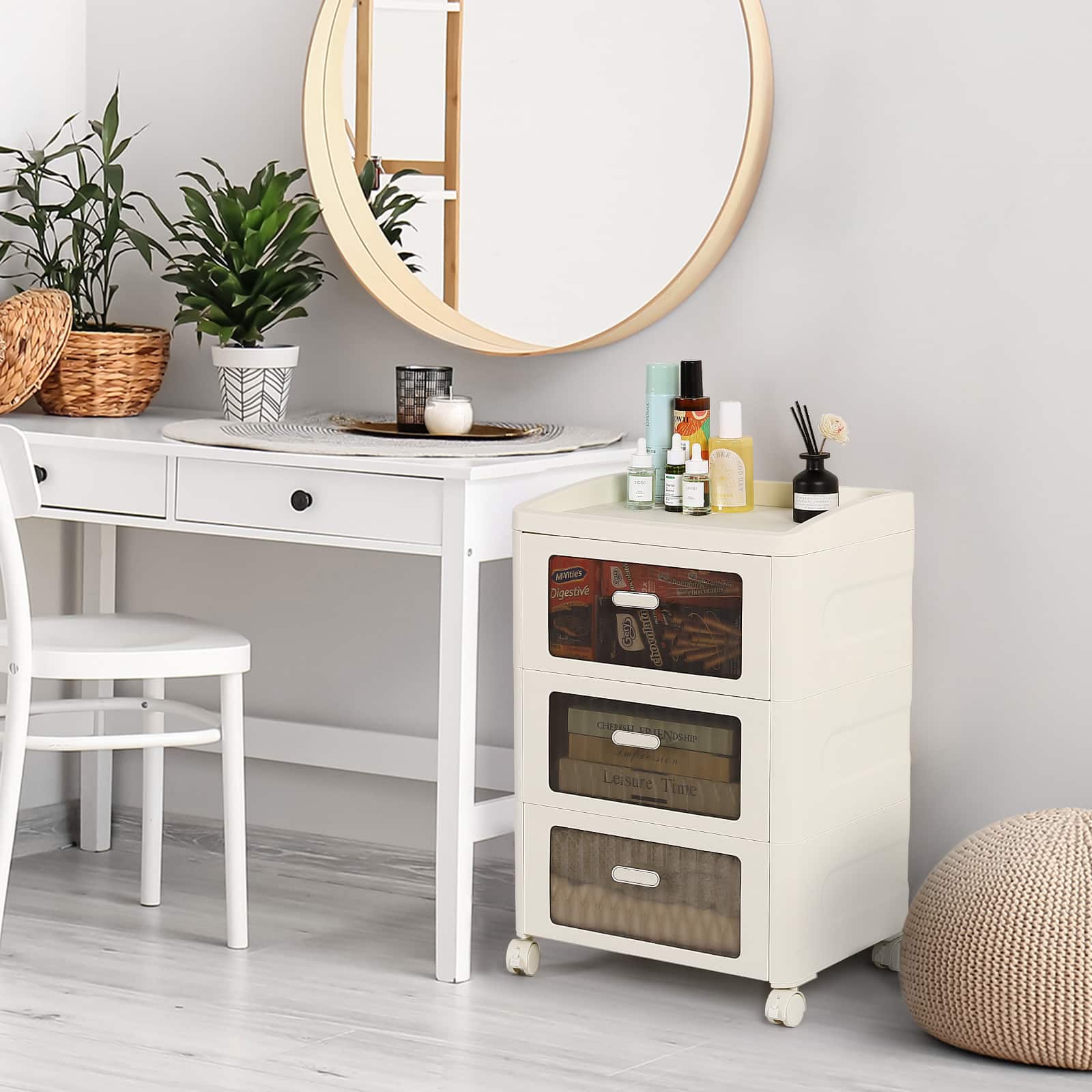 Oumilen - 3-Drawer Rolling Storage Cart with Transparent Fronts - White