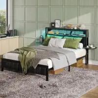 Bestier - King Size Bed Frame with Upholstered Headboard Built-in Storage LED Lighting and Charging Station - Gray - Front_Zoom