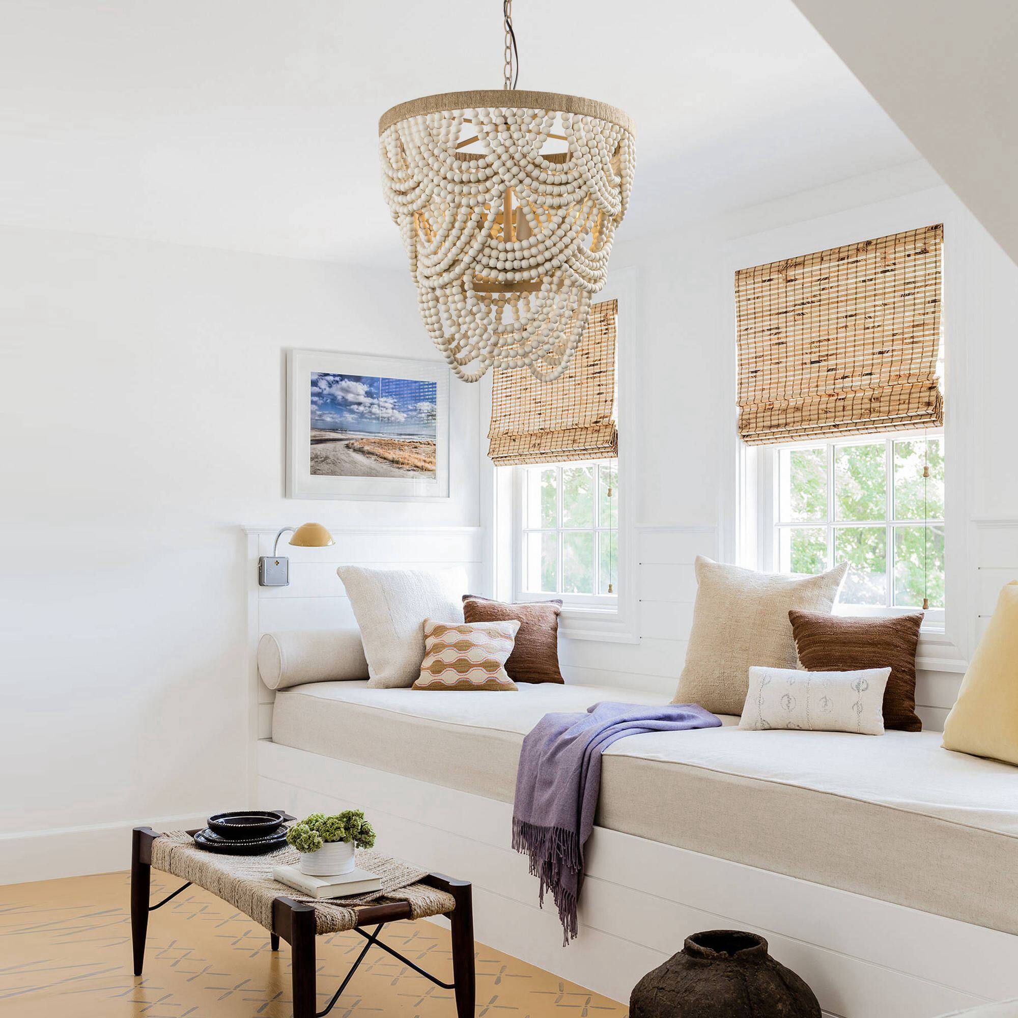 Left. Parrot Uncle - Farmhouse 4-Light Beaded Chandelier - Wood.