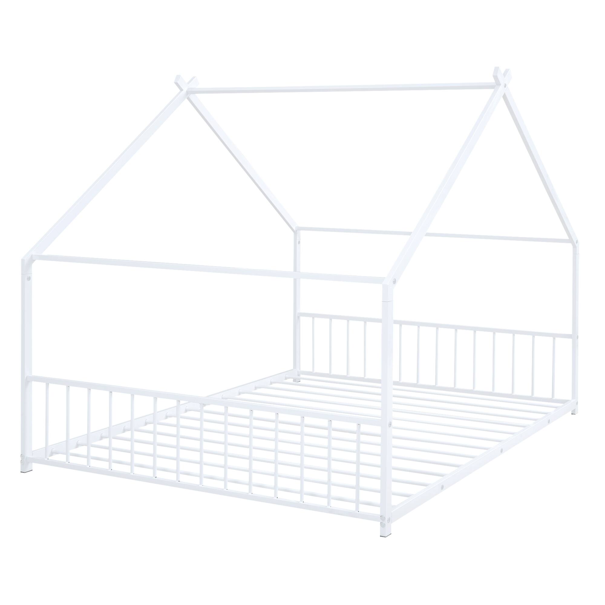 Alt View 5. GOODSILO - Full Size Metal House Bed with Playhouse Roof Design for Kids Room Furniture and Sleep Space - White.