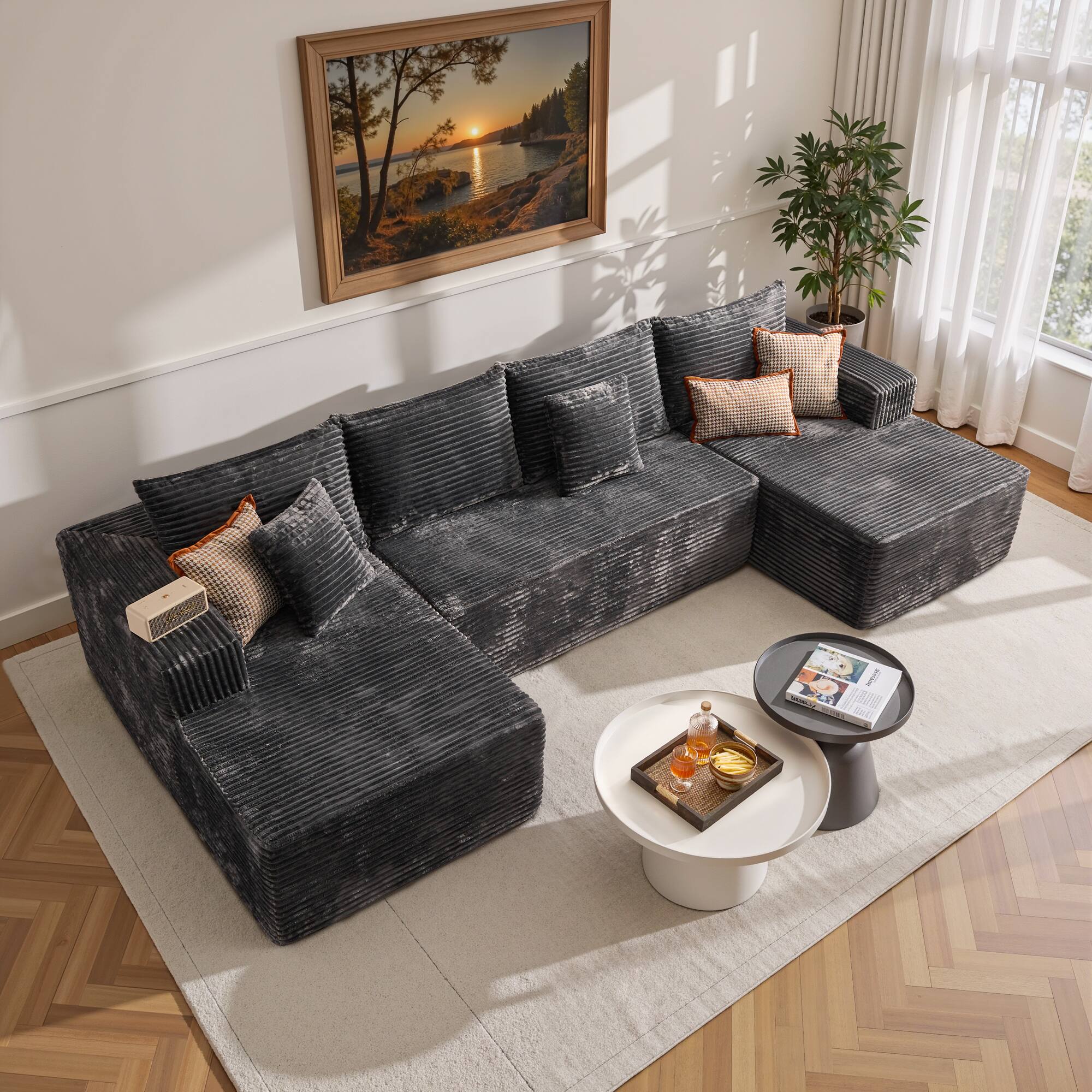 Ovios - 135" Sectional Sofa Set, Plush Corduroy Fabric Couch for Living Room - Gray