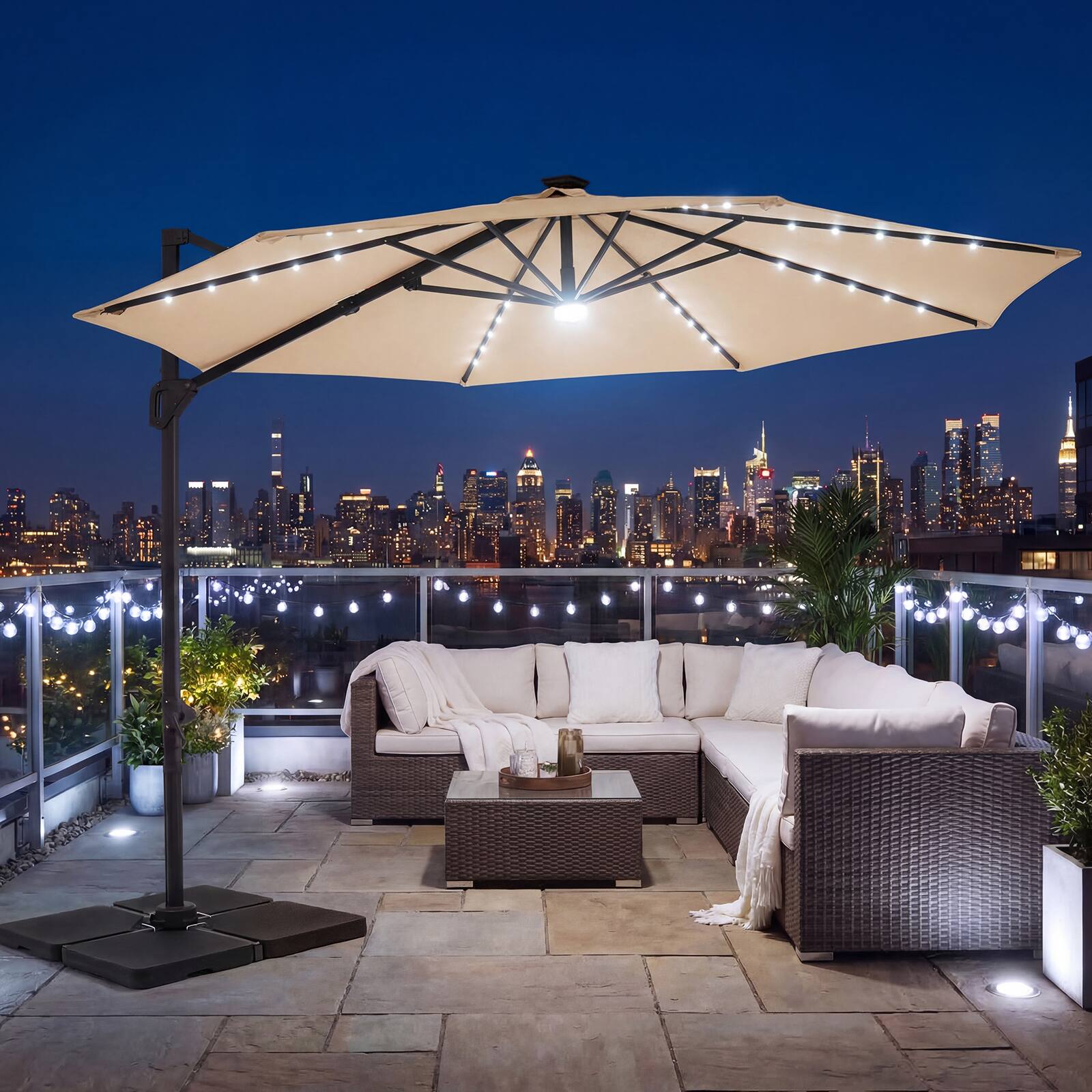 Alt View 3. Costway - Costway 10 FT Cantilever Patio Umbrella with Solar LED Lights, 360° Rotation, Easy Tilt - Beige.