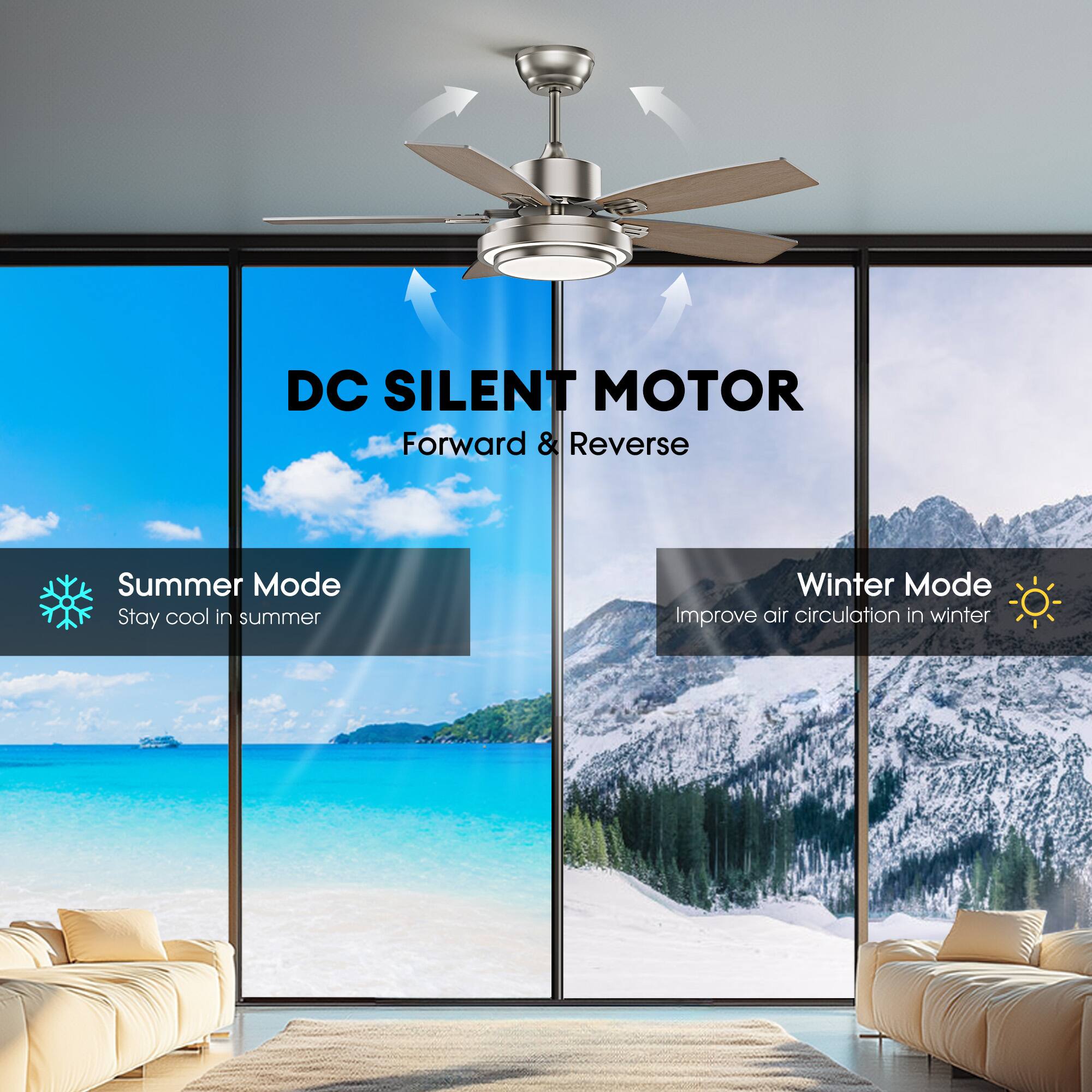 DC SILENT MOTOR  
Forward & Reverse  

Summer Mode  
Stay cool in summer  

Winter Mode  
Improve air circulation in winter