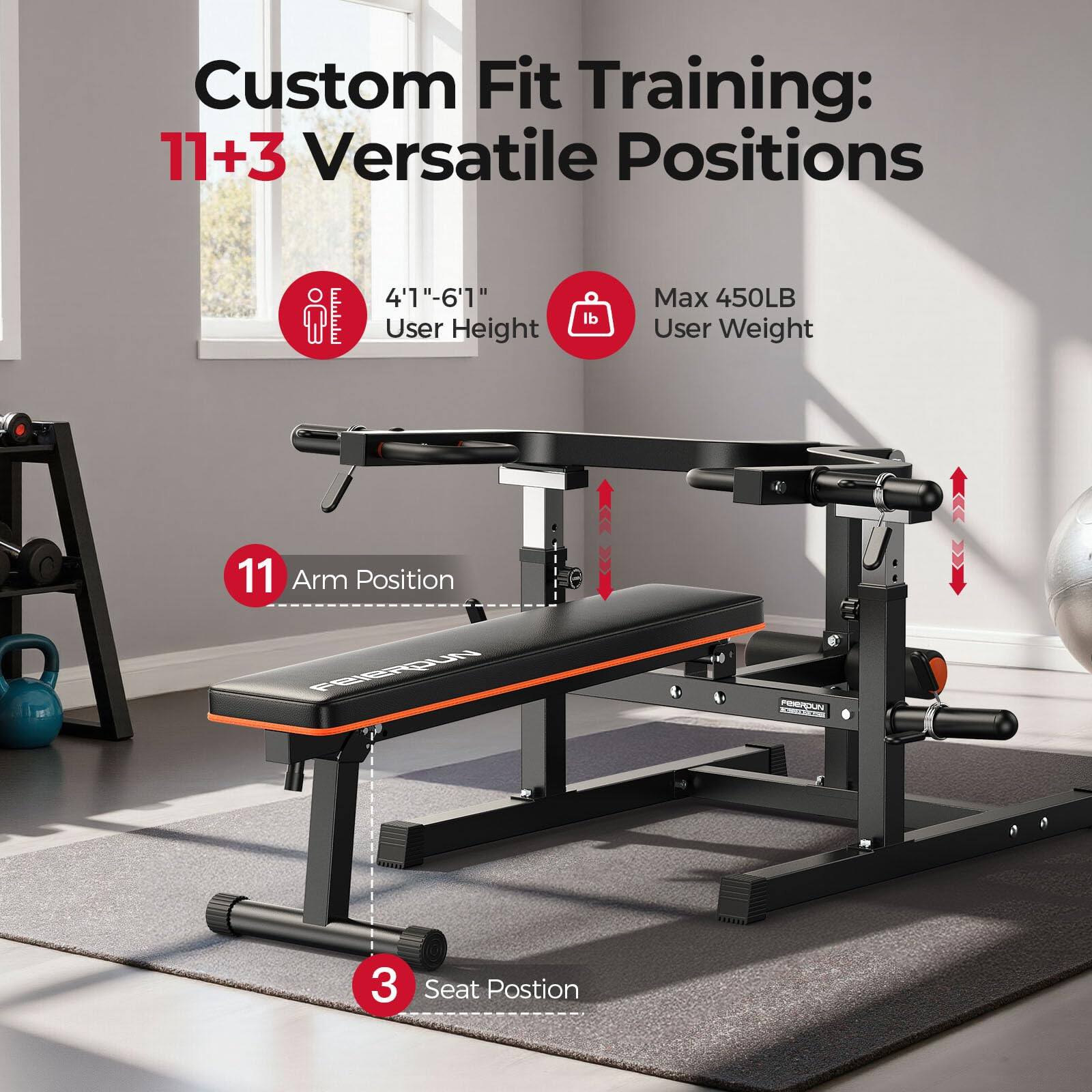 Custom Fit Training: 11+3 Versatile Positions  
4'1"-6'1" User Height  
Max 450LB User Weight  
11 Arm Position  
3 Seat Position
