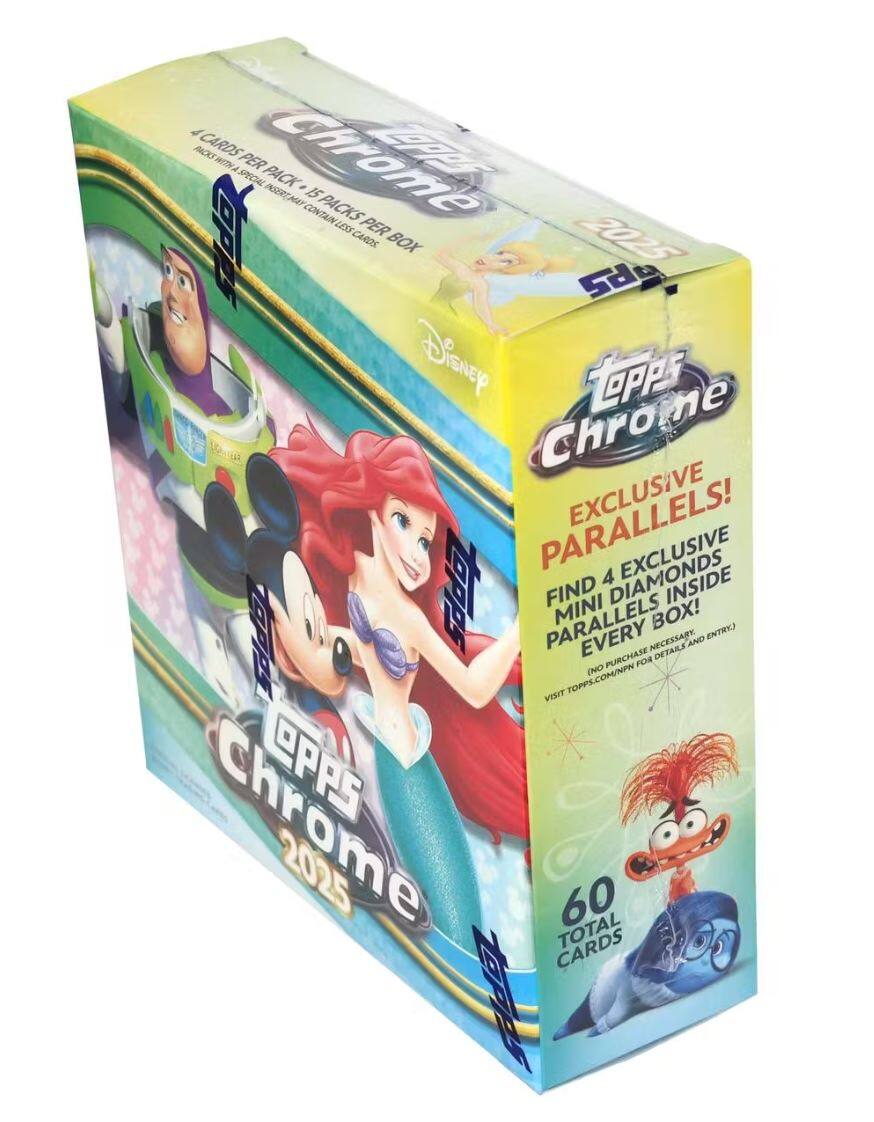 Sure, here is the corrected and grouped text from the image:

---

**Topps Chrome 2025**

- **4 CARDS PER PACK**  
  **15 PACKS PER BOX**  
  (PACKS MAY CONTAIN LESS CARDS)

- **EXCLUSIVE PARALLELS!**  
  FIND 4 EXCLUSIVE MINI DIAMONDS PARALLELS INSIDE EVERY BOX!  
  (NO PURCHASE NECESSARY. VISIT TOPPS.COM/NPN FOR DETAILS AND ENTRY)

- **60 TOTAL CARDS**

- **Disney**

---

This text is organized to reflect the information on the box as it appears in the image.
