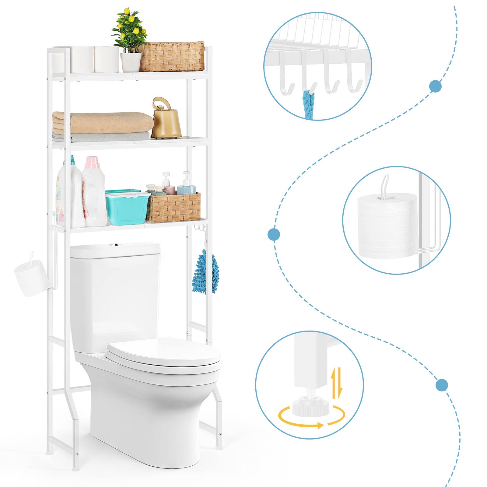 Left. Oumilen - Over-the-Toilet Storage Shelf with 3-Tier Design & Hooks, White - White.