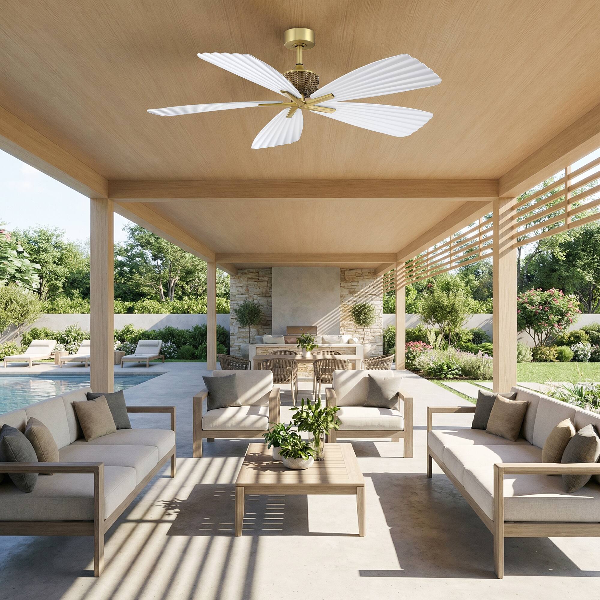 Back. Parrot Uncle - 56" Tropical White Pleated Leaf 5-Blade Indoor Outdoor Ceiling Fan with Remote, No Light - Gold.
