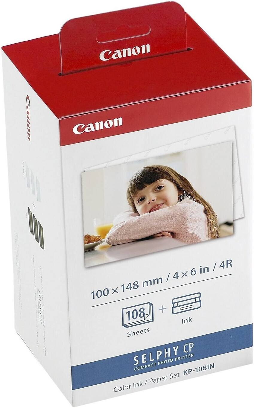 Canon  
SELPHY CP  
COMPACT PHOTO PRINTER  

100 x 148 mm / 4 x 6 in / 4R  
108 Sheets + Ink  

Color Ink / Paper Set KP-108IN