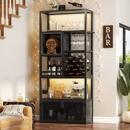 Aheaplus - 82.6'' Tall Wine Bar Cabinet with LED Lights and Outlets, 6-Tier Bar Stand with Glass Holder & Wine Rack - Gray Oak