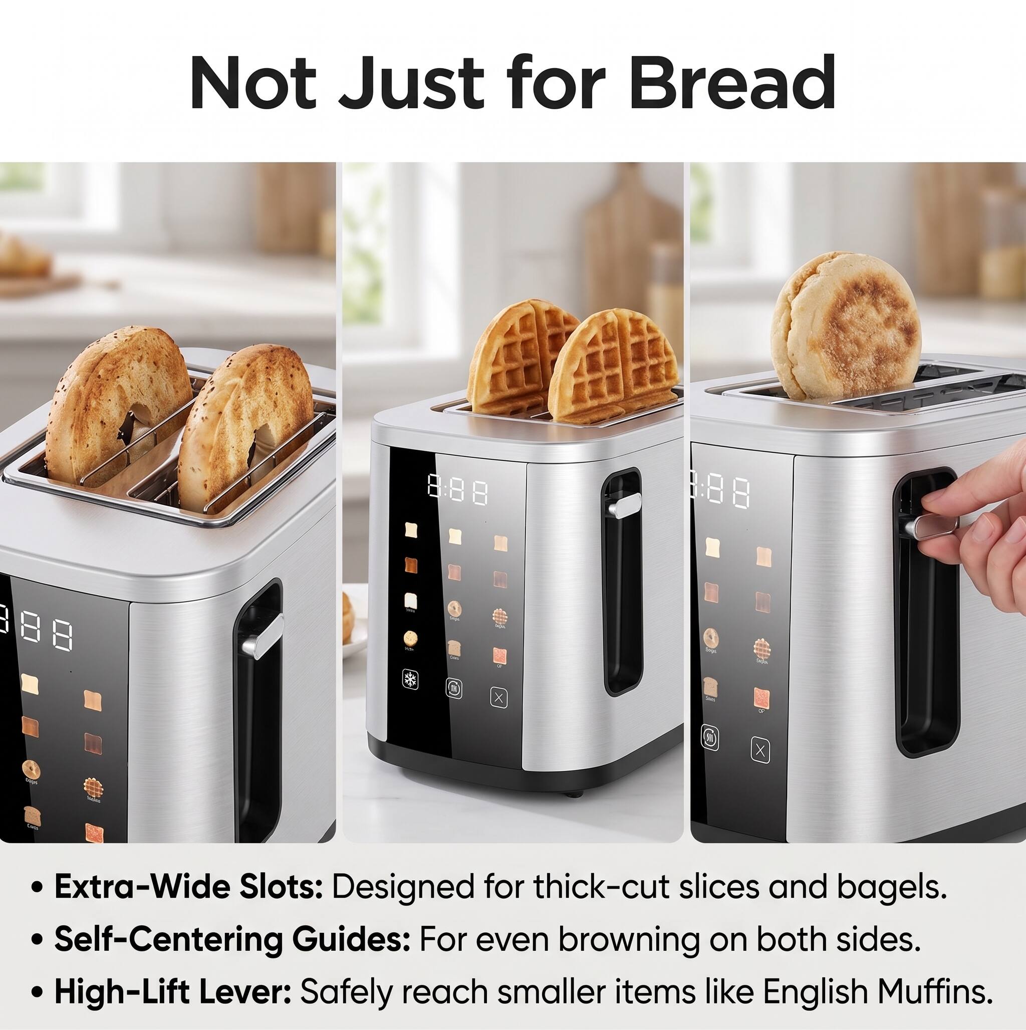 Not Just for Bread

- Extra-Wide Slots: Designed for thick-cut slices and bagels.
- Self-Centering Guides: For even browning on both sides.
- High-Lift Lever: Safely reach smaller items like English Muffins.