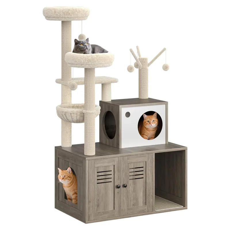 Front. GARVEE - Multi-Level Cat Tree w/Hidden Litter Box - 3-in-1 Tower w/Condo, Hammock & Scratching Posts, Odor-Control Design - Gray.