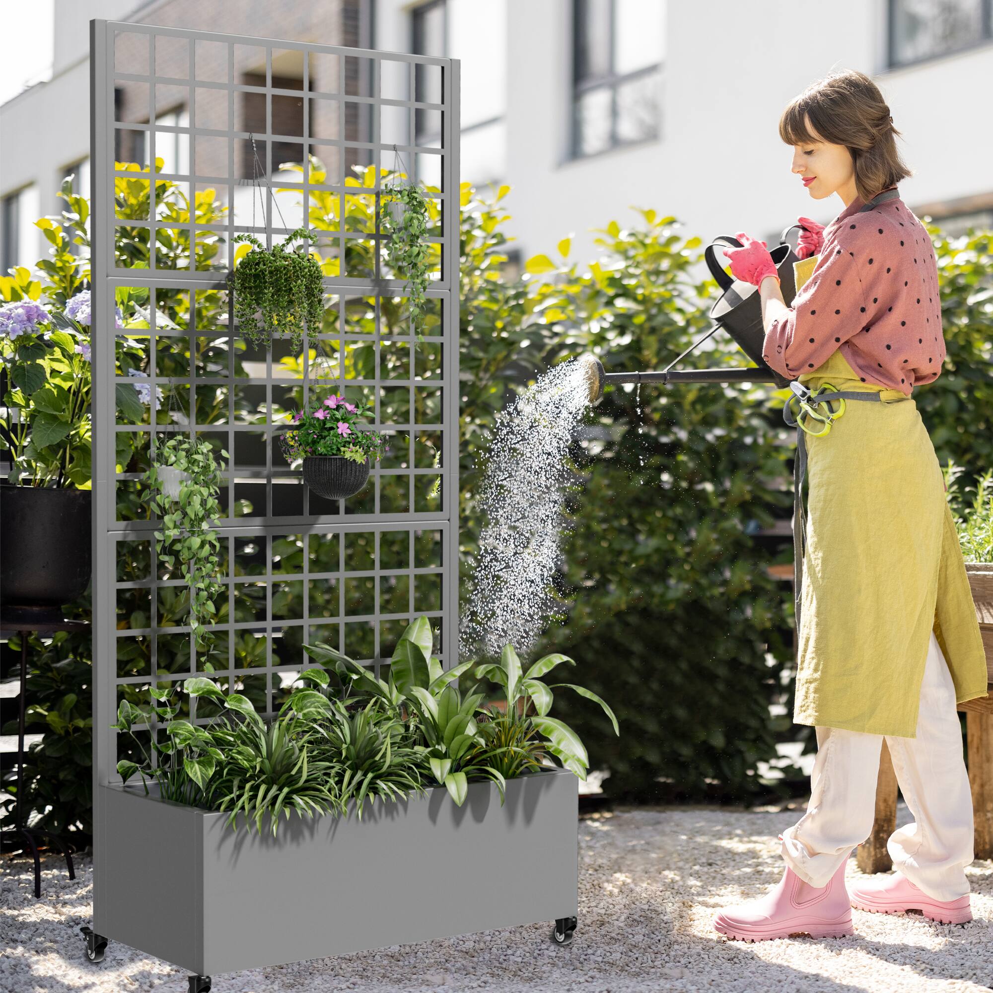 Alt View 2. PexFix - 72 in. H x 35 in. W Squared Pattern Rectangle Metal Planter Box Raised Garden Beds with Trellis-Ideal for Balcony - Gray.