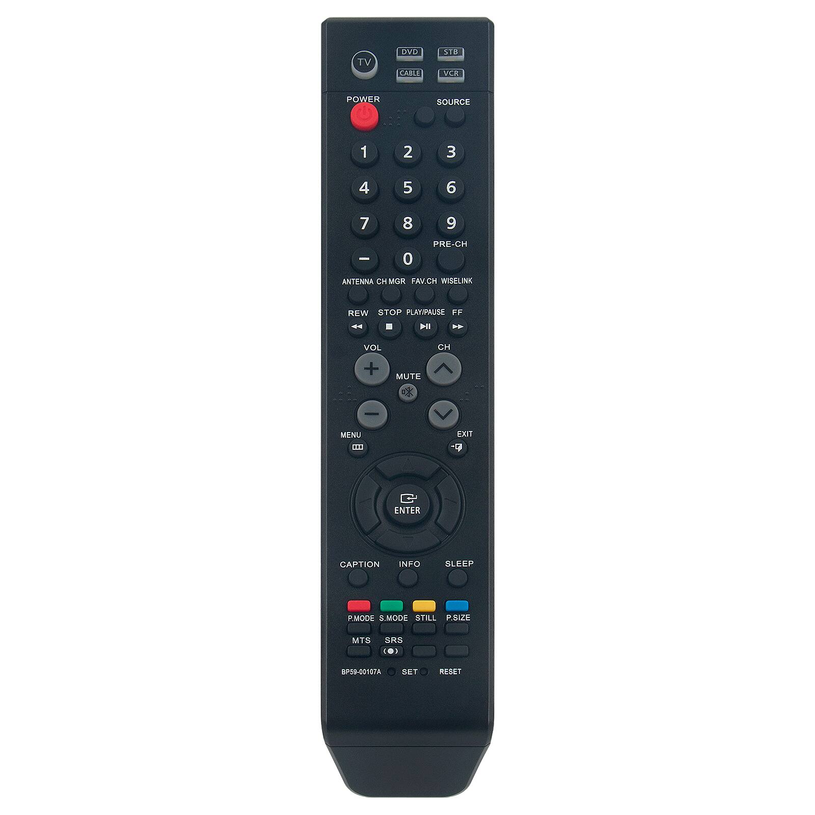 TV DVD CABLE STR VCA POWER SOURCE 1 2 3 4 5 6 7 8 9 0 PRE-CH ANTENNA CH MGR FAVCH WISELINK KHW STOP PLATIPALISE FF I1 4 VOL CH + MUTE C MENU EXIT 21 ENTER CAPTION INFO SLEEP P.MODE S.MODE STILL FXIZS MTS SNS . 1 BP59-00107A SET RESET