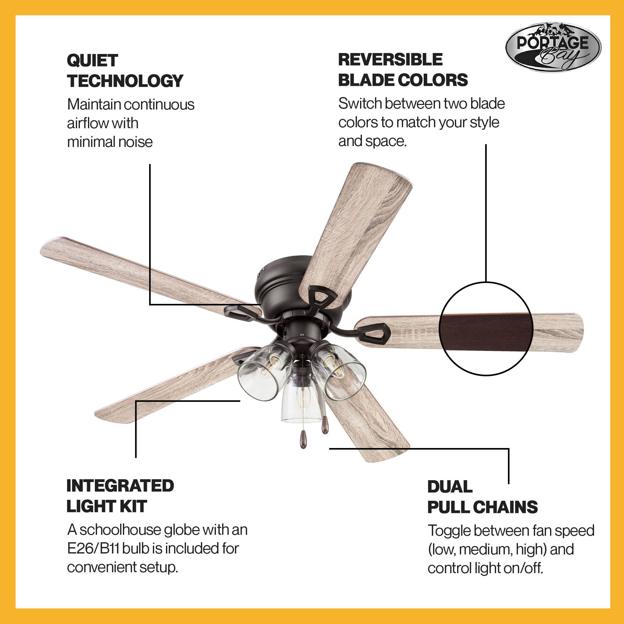 QUIET TECHNOLOGY  
Maintain continuous airflow with minimal noise  

PORTAGE REVERSIBLE  
BLADE COLORS  
Switch between two blade colors to match your style and space.  

INTEGRATED LIGHT KIT  
A schoolhouse globe with an E26/B11 bulb is included for convenient setup.  

DUAL PULL CHAINS  
Toggle between fan speed (low, medium, high) and control light on/off.