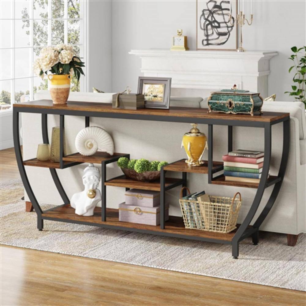 Angle. Hivvago - Industrial Modern 70-inch Long Narrow Console Sofa Table with Wood Shelves - Brown.