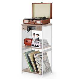 Oumilen - Vinyl Record Player Stand with Charging Station & Storage Shelves - White
