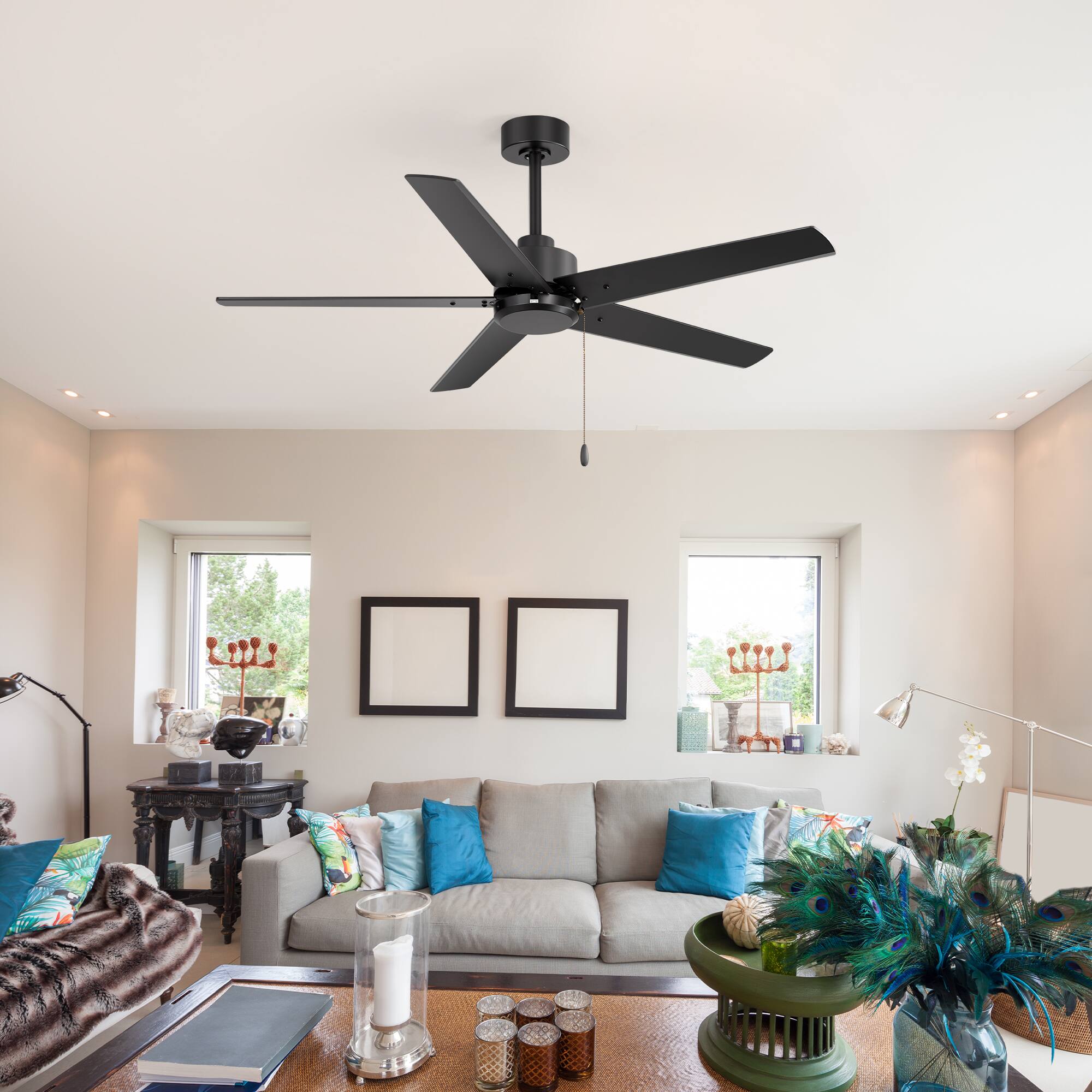 Alt View 6. Breezary - 52-Inch Indoor Ceiling Fan, No-Light, 5 Reversible Plywood Blades, 3-Speed AC Motor, 5/10'' Downrods, Pull Chain Control - Matte Black.
