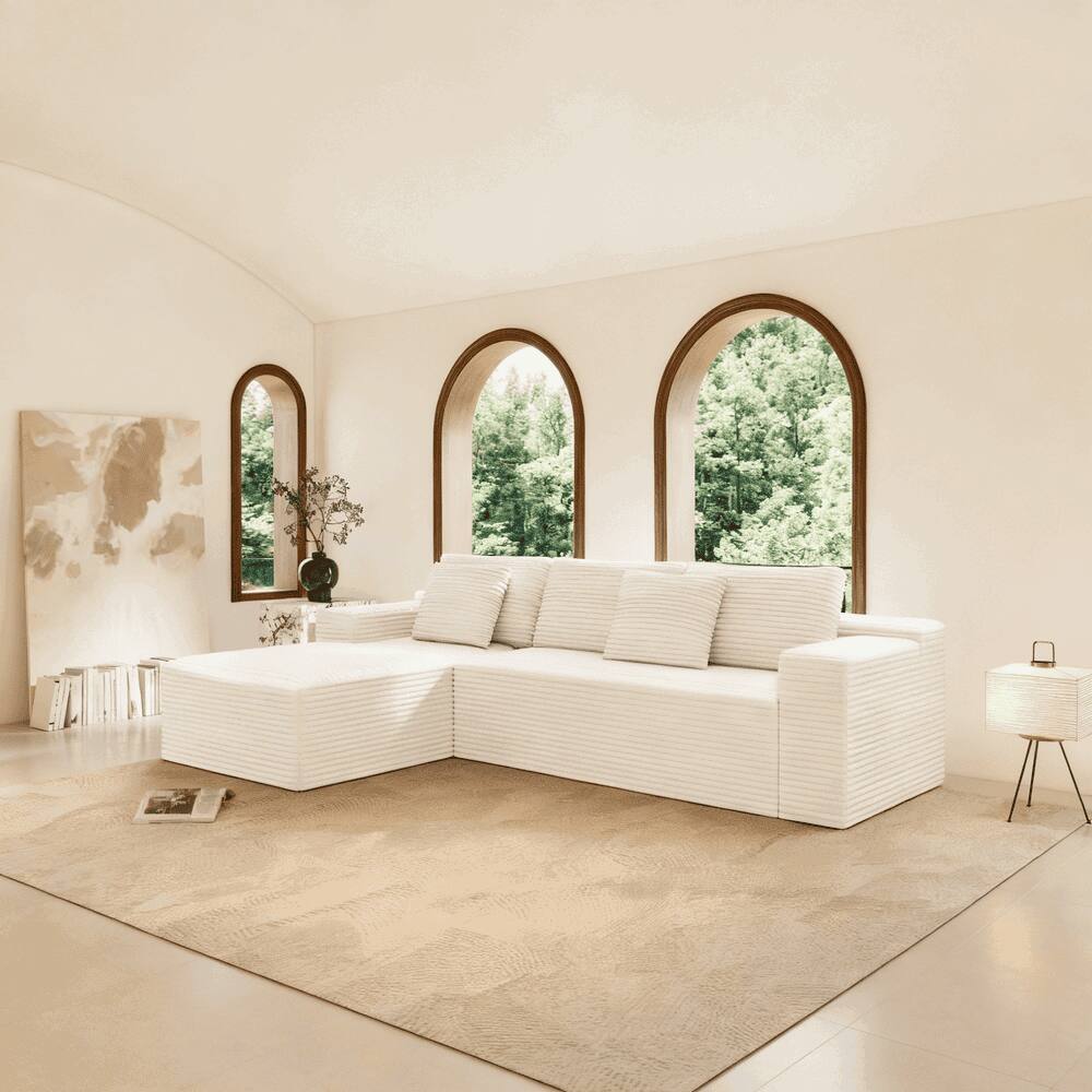 Angle. Kadyn - 104" Right Chaise Sectional Sofa, Plush Corduroy Cloud Design with Deep Seating and L-Shape, White - White.