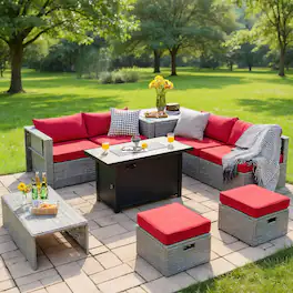 Kadyn - 9 Pieces Patio Furniture Set with 42 Inches 60000 BTU Fire Pit- Patio Seating Conversation Set - Red