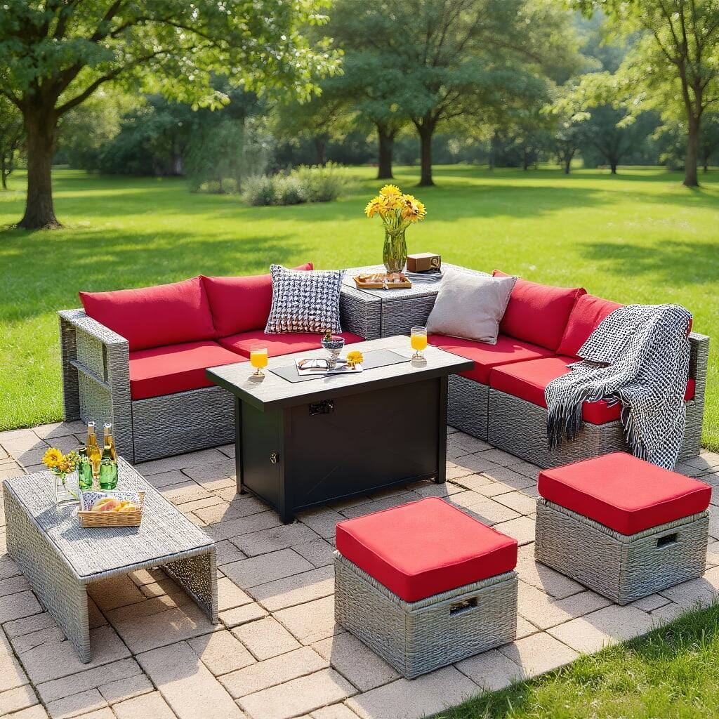 Front. Kadyn - 9 Pieces Patio Furniture Set with 42 Inches 60000 BTU Fire Pit-Red, Patio Seating Conversation Set - Red.