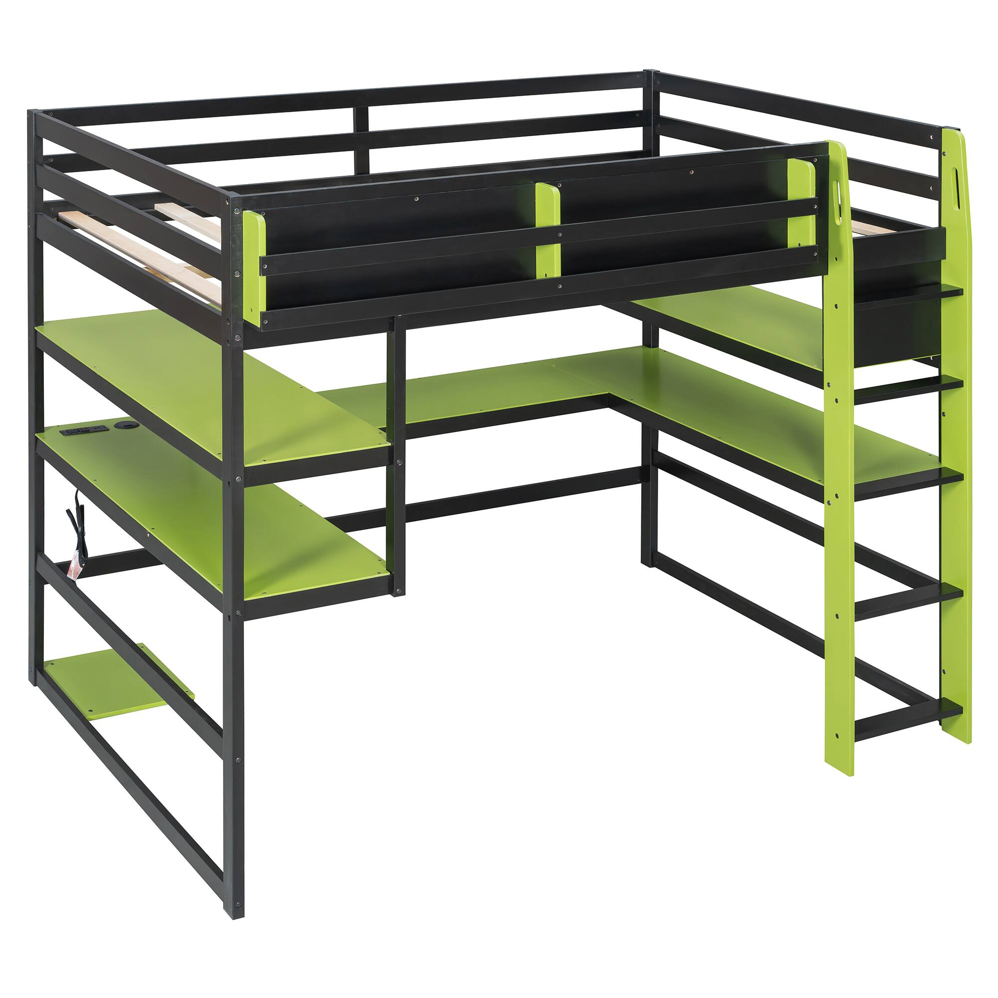 Alt View 4. Anysun - Full Size Wood Loft Bed with Desk,Side storage rack,Multi-storage Shelves and RGB Light - Green.
